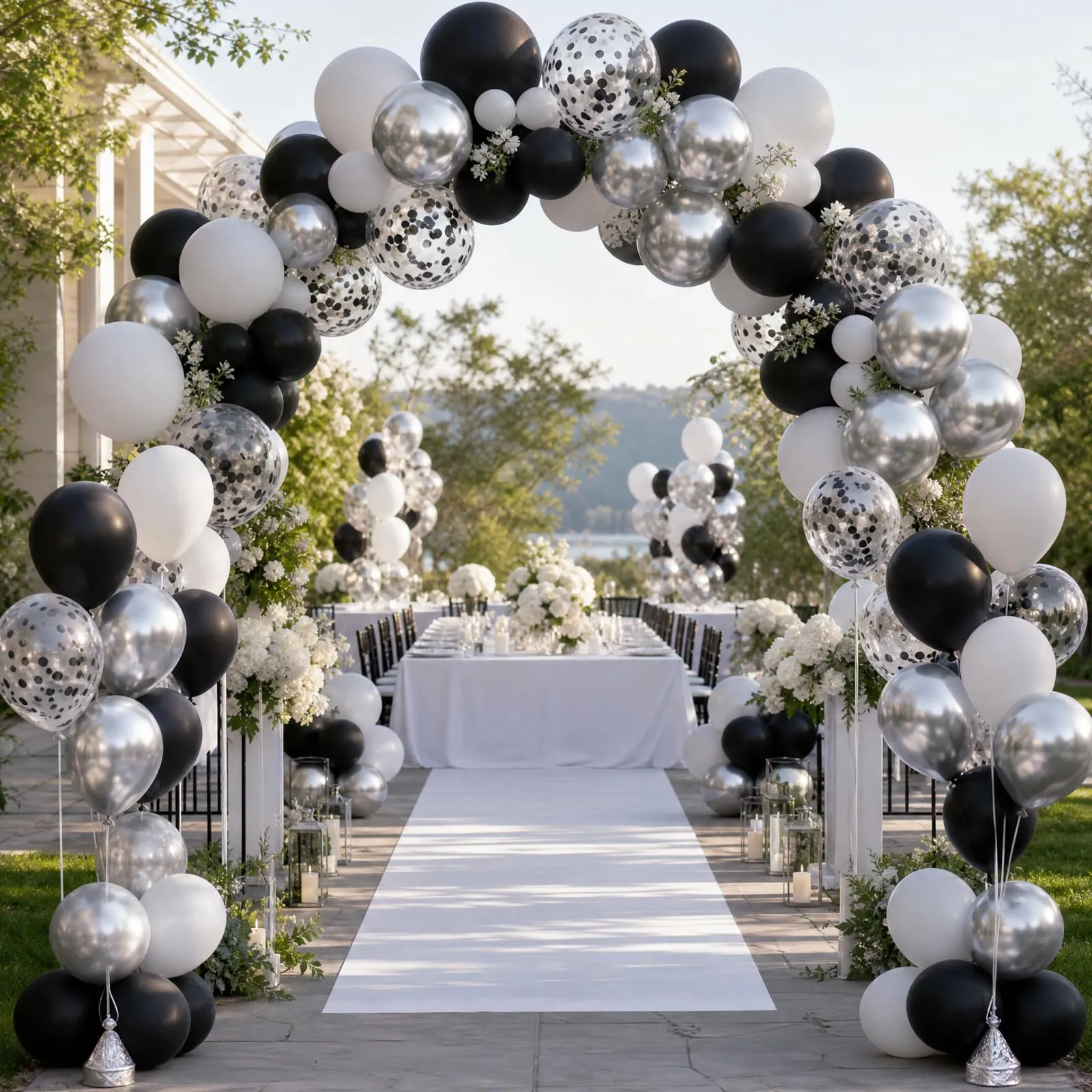 Netnology Set di 68 Palloncini 12 Pollici Nero, Bianco e Argento con Coriandoli - immagine 9