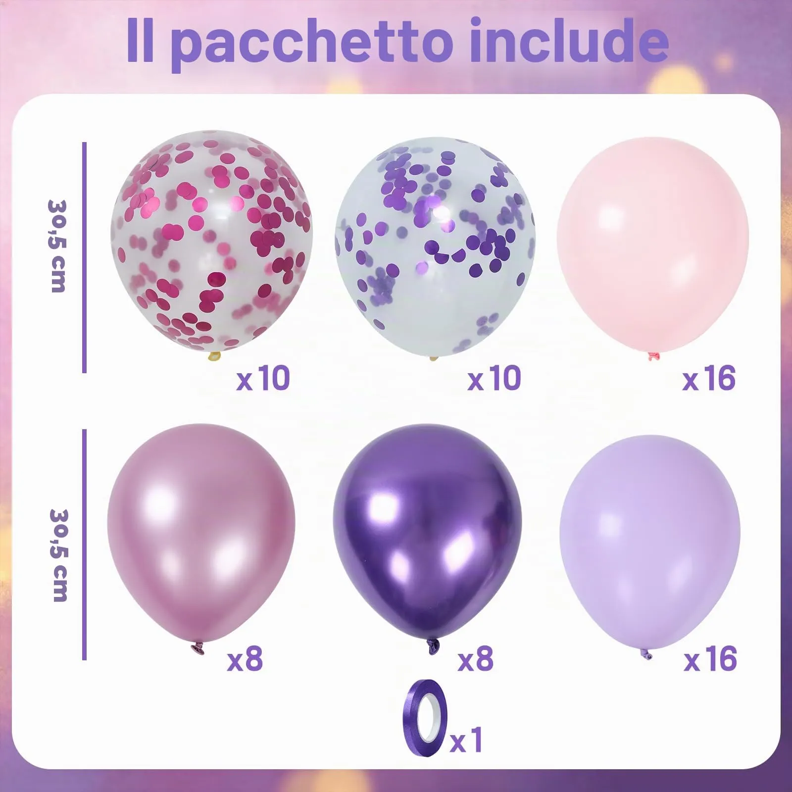 Netnology Palloncini Rosa e Viola, 68 Pezzi, 12 Pollici, Metallizzati e con Coriandoli - immagine 2