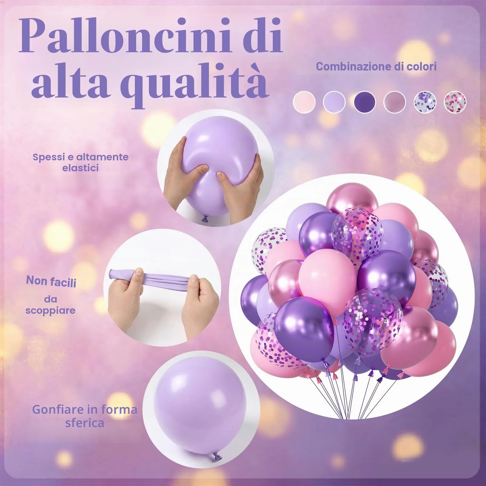 Netnology Palloncini Rosa e Viola, 68 Pezzi, 12 Pollici, Metallizzati e con Coriandoli - immagine 3