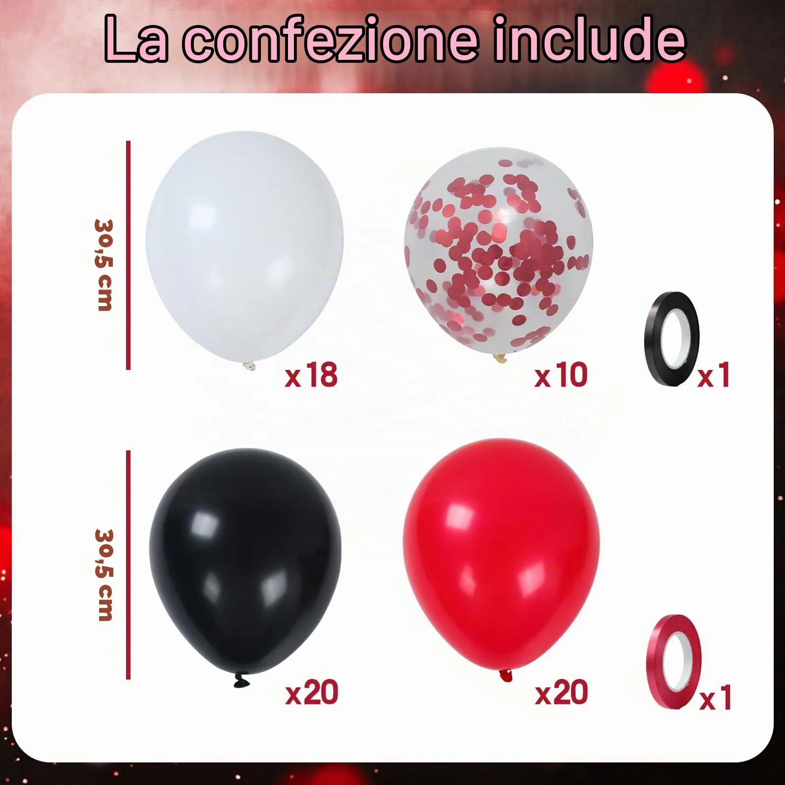 Netnology Palloncini Rossi Neri e Bianchi in Lattice con Coriandoli, 68 Pezzi, 12 Pollici - immagine 2