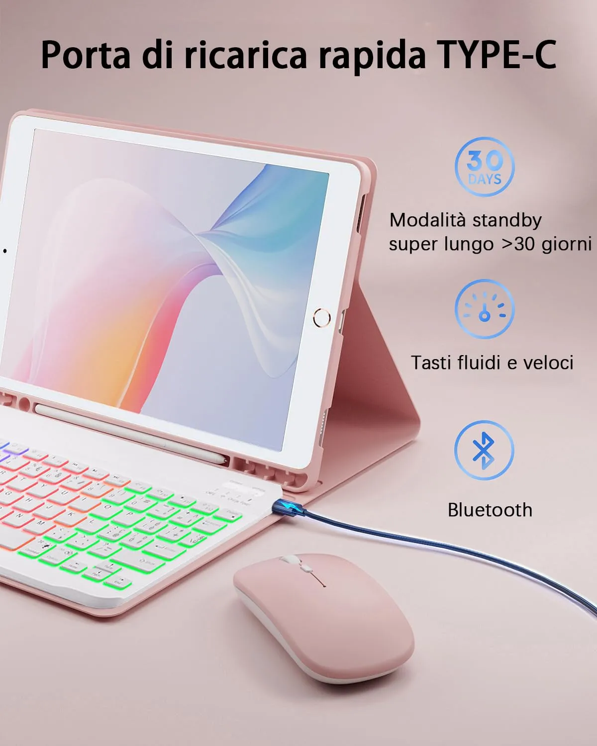 MicroTunk Keyboard Case with Bluetooth Backlit Keyboard and Mouse for iPad 6th Gen (2018), iPad 5th Gen (2017), iPad Pro 9.7 (2016), iPad Air 2 (2014), 9.7 Inch, Italian QWERTY - immagine 4