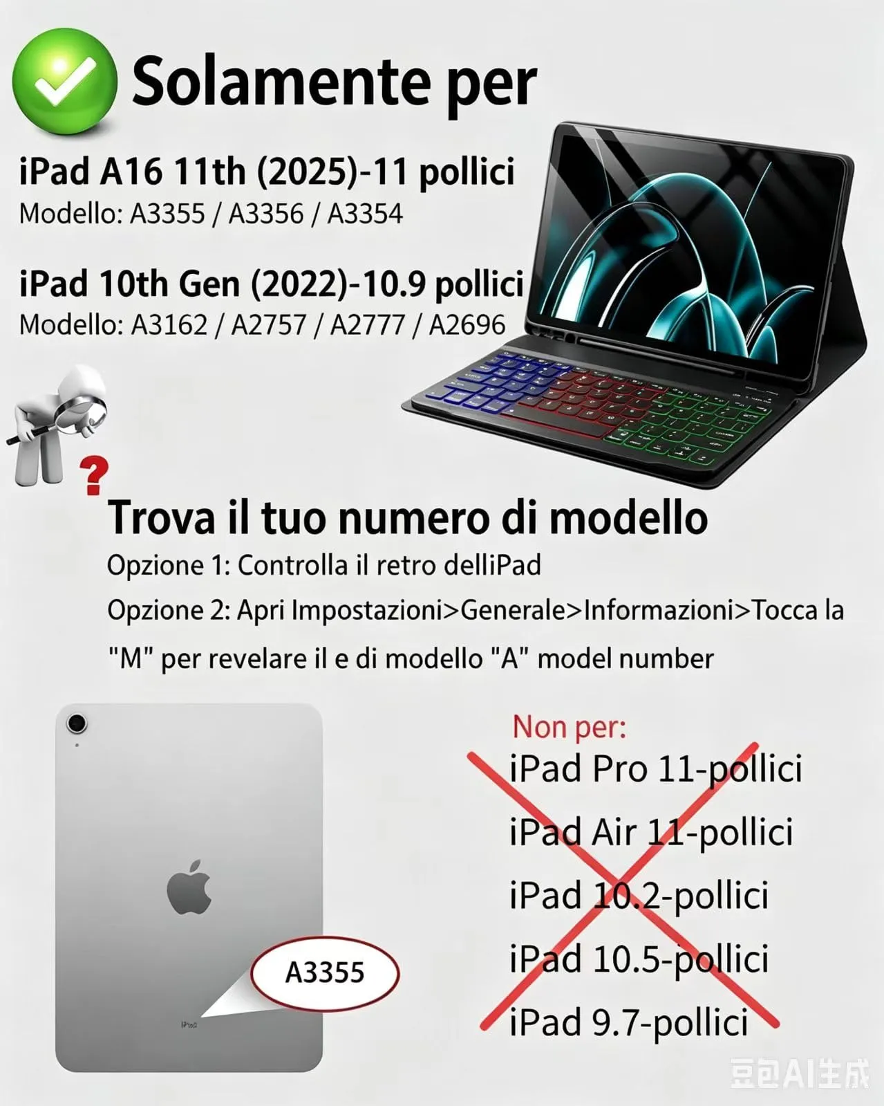 MicroTunk Keyboard Case for iPad 11th Gen (2025) and iPad 10th Gen (2022) 10.9-11 Inch, Backlit Wireless Bluetooth Keyboard and Mouse, Italian QWERTY, Nero - immagine 2
