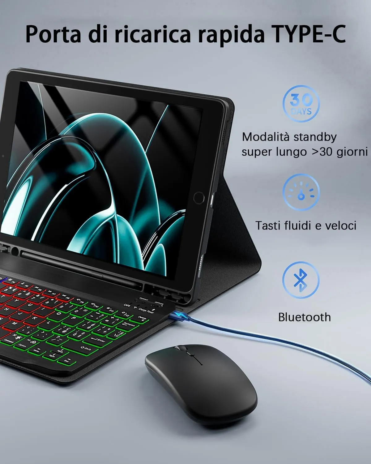 MicroTunk Keyboard Case for iPad 11th Gen (2025) and iPad 10th Gen (2022) 10.9-11 Inch, Backlit Wireless Bluetooth Keyboard and Mouse, Italian QWERTY, Nero - immagine 4
