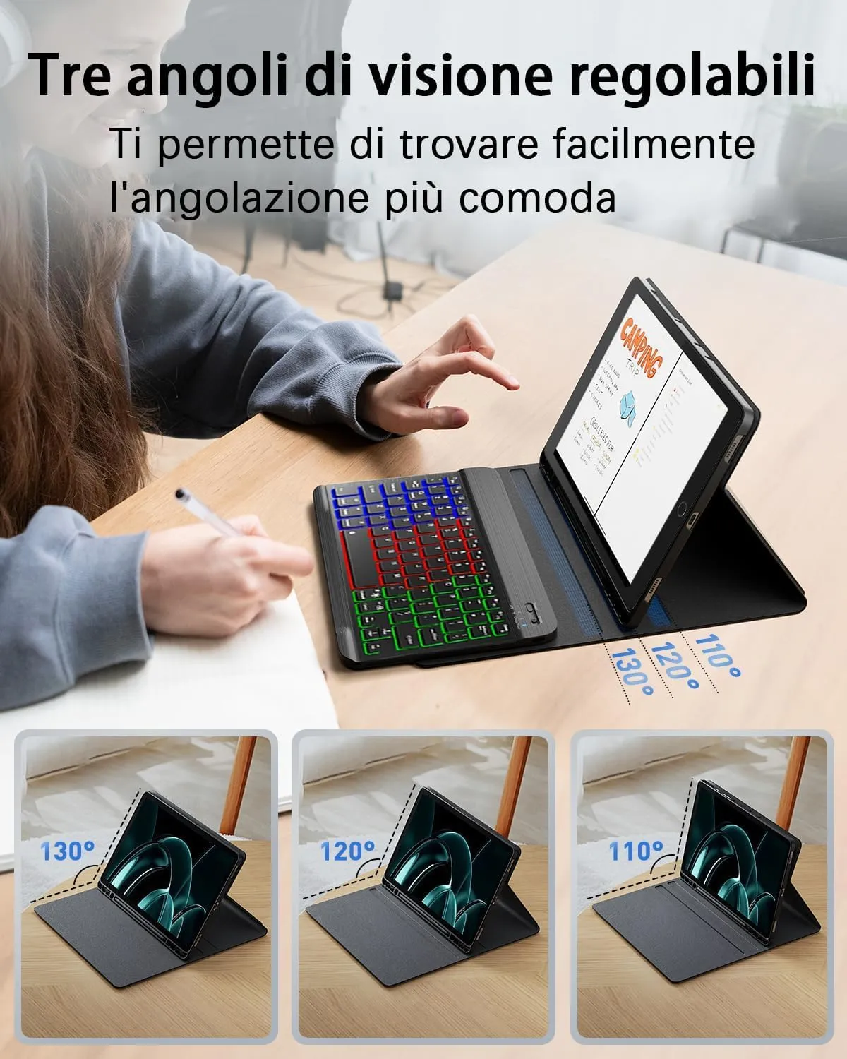 MicroTunk Keyboard Case for iPad 11th Gen (2025) and iPad 10th Gen (2022) 10.9-11 Inch, Backlit Wireless Bluetooth Keyboard and Mouse, Italian QWERTY, Nero - immagine 5