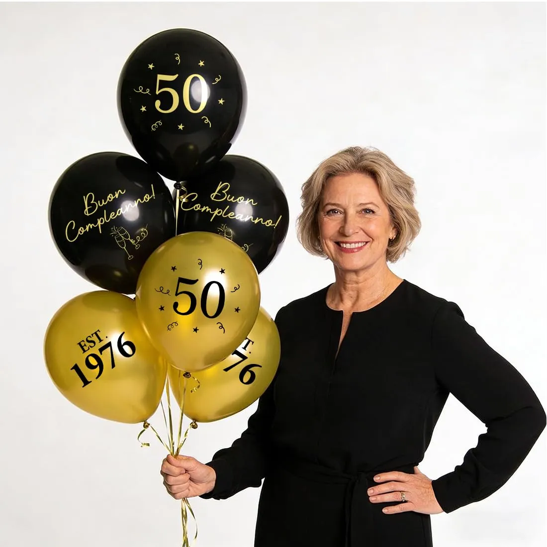 PopLuxe Decorazioni per 50° Compleanno Nero Oro, Set 24 Palloncini Est. 1976, 30 cm - immagine 3