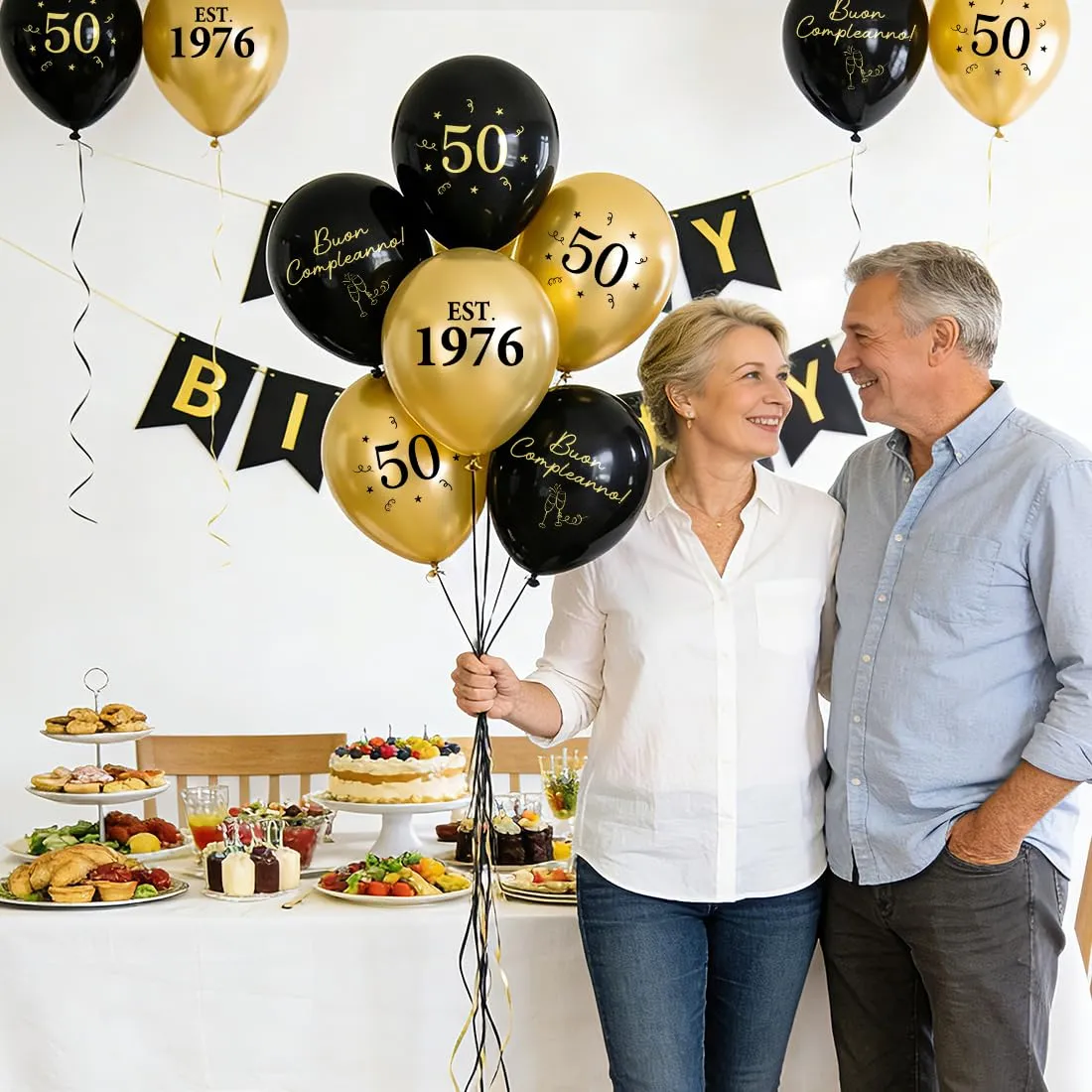 PopLuxe Decorazioni per 50° Compleanno Nero Oro, Set 24 Palloncini Est. 1976, 30 cm - immagine 5