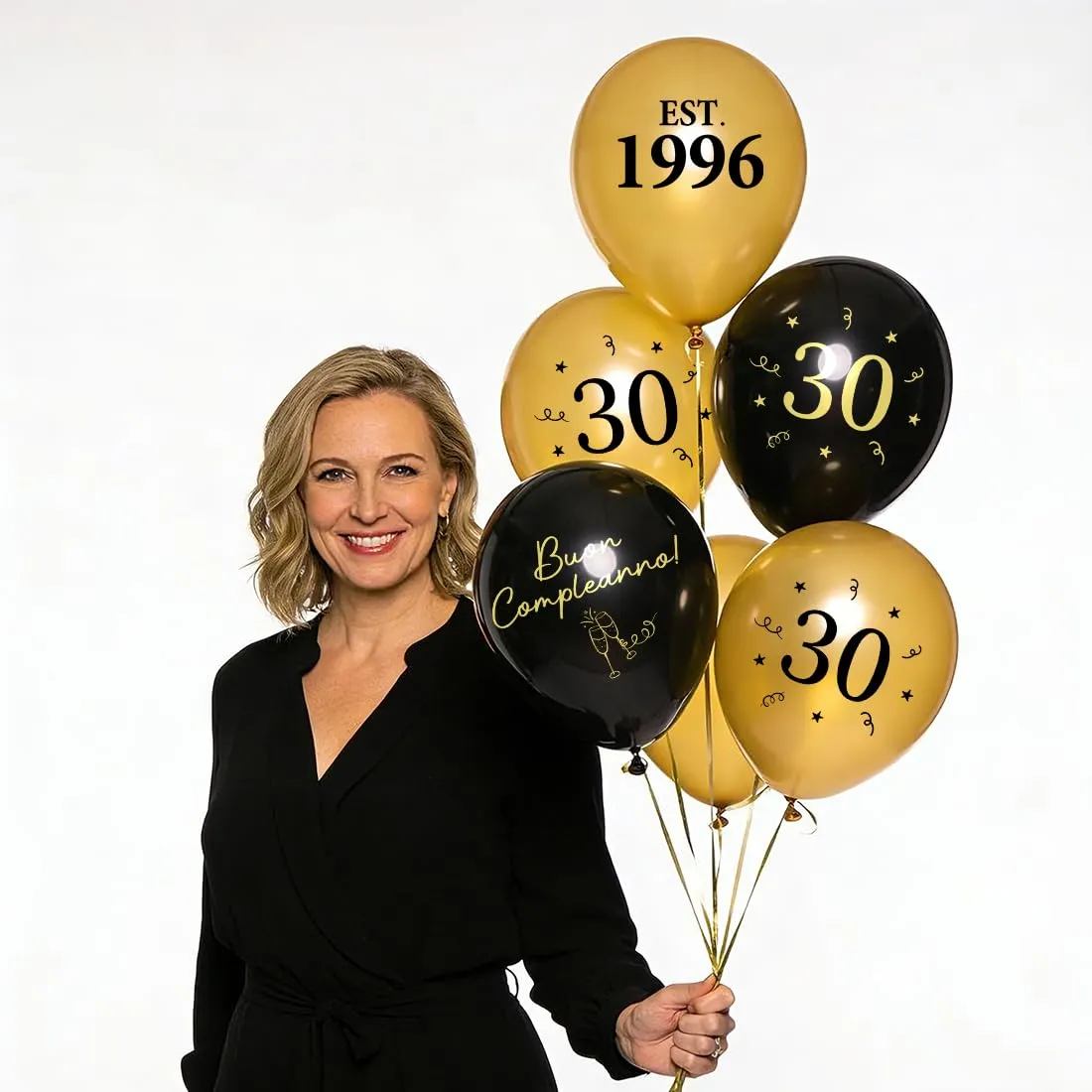 PopLuxe Decorazioni per 30° Compleanno, Set di 24 Palloncini Nero Oro EST 1996 e Buon Compleanno con Nastro - immagine 3