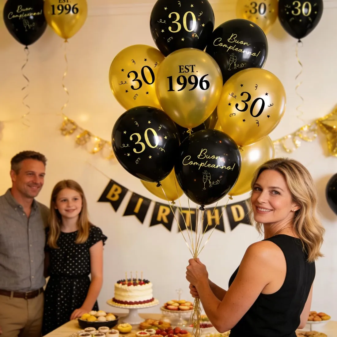 PopLuxe Decorazioni per 30° Compleanno, Set di 24 Palloncini Nero Oro EST 1996 e Buon Compleanno con Nastro - immagine 5