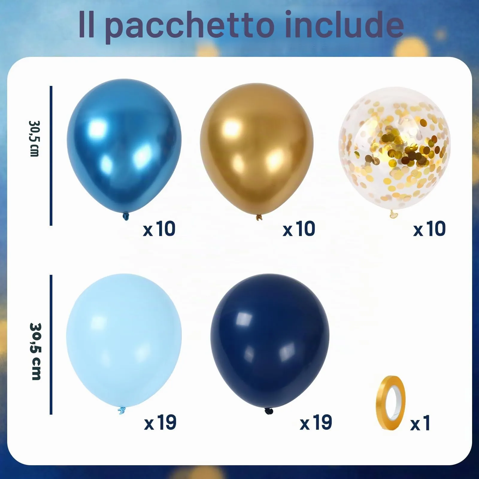 Netnology Palloncini Blu e Oro, 68 Pezzi, 12 Pollici, Metallizzati e con Coriandoli - immagine 2