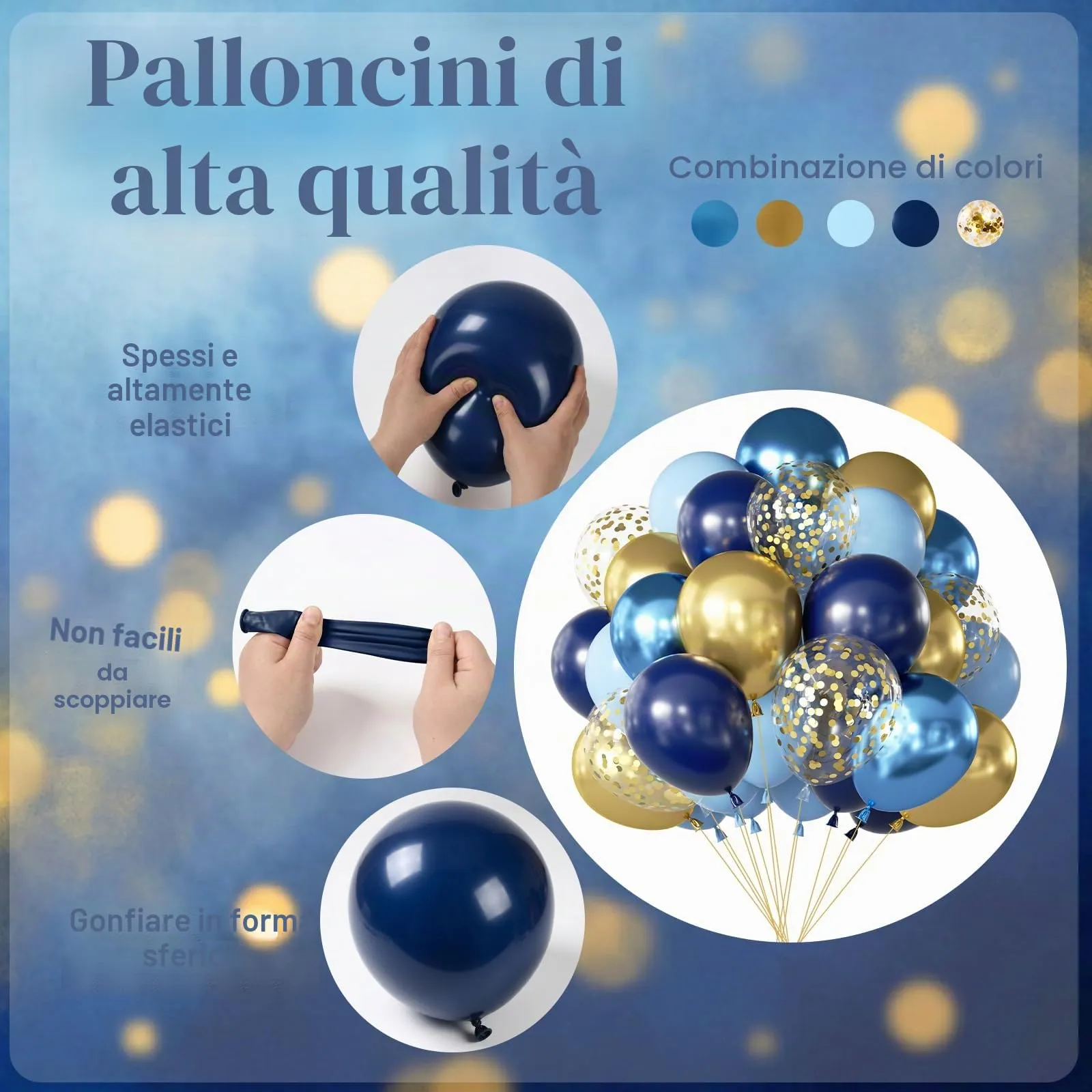 Netnology Palloncini Blu e Oro, 68 Pezzi, 12 Pollici, Metallizzati e con Coriandoli - immagine 3