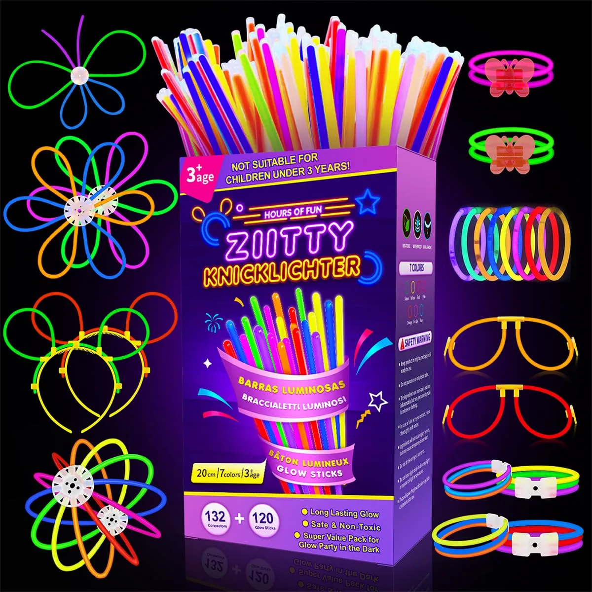 Ziitty Braccialetti Luminosi Fluorescenti Kit 252 Pezzi, 120 Glow Sticks e 132 Connettori per Bracciali e Occhiali - immagine 1