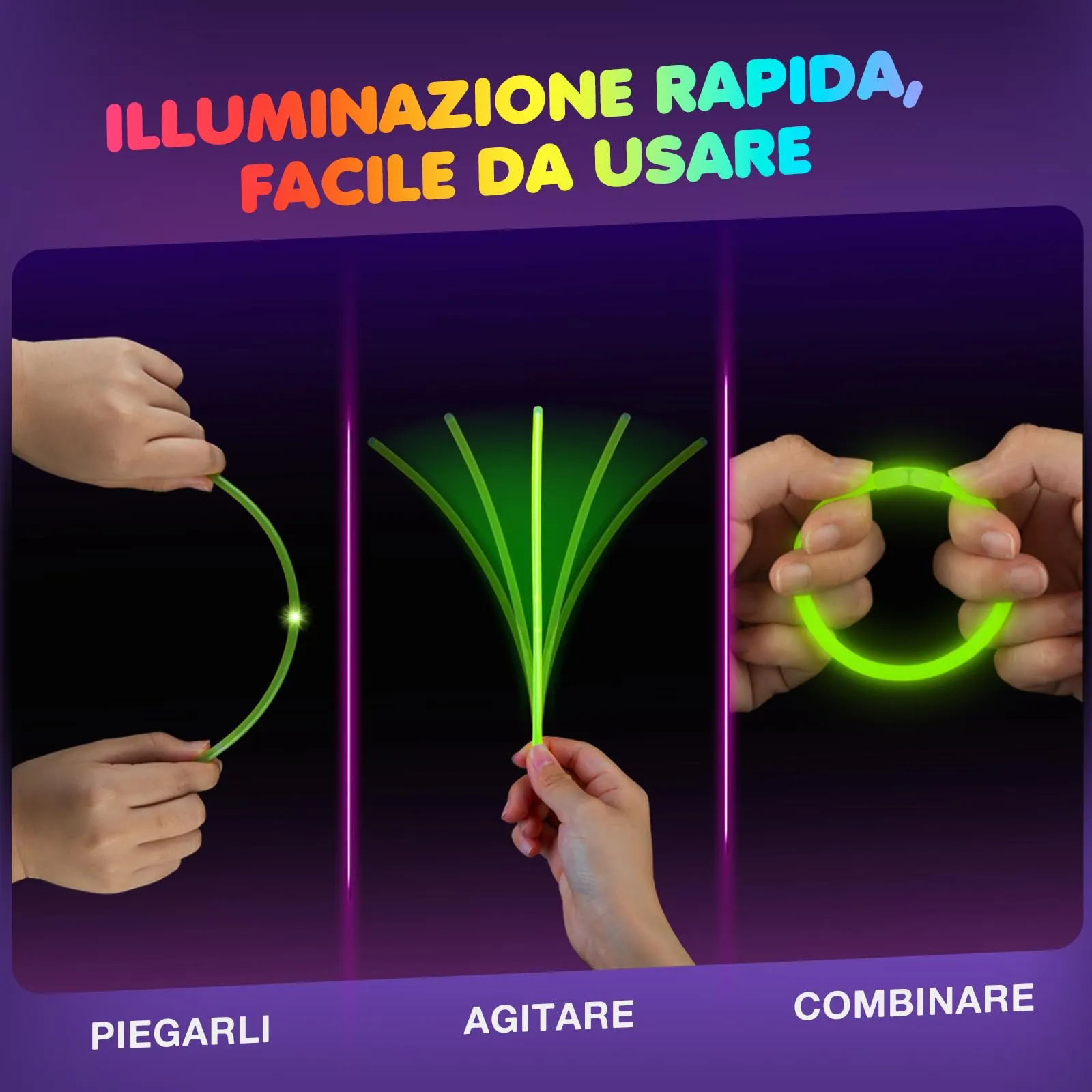Ziitty Braccialetti Luminosi Fluorescenti Kit 252 Pezzi, 120 Glow Sticks e 132 Connettori per Bracciali e Occhiali - immagine 3