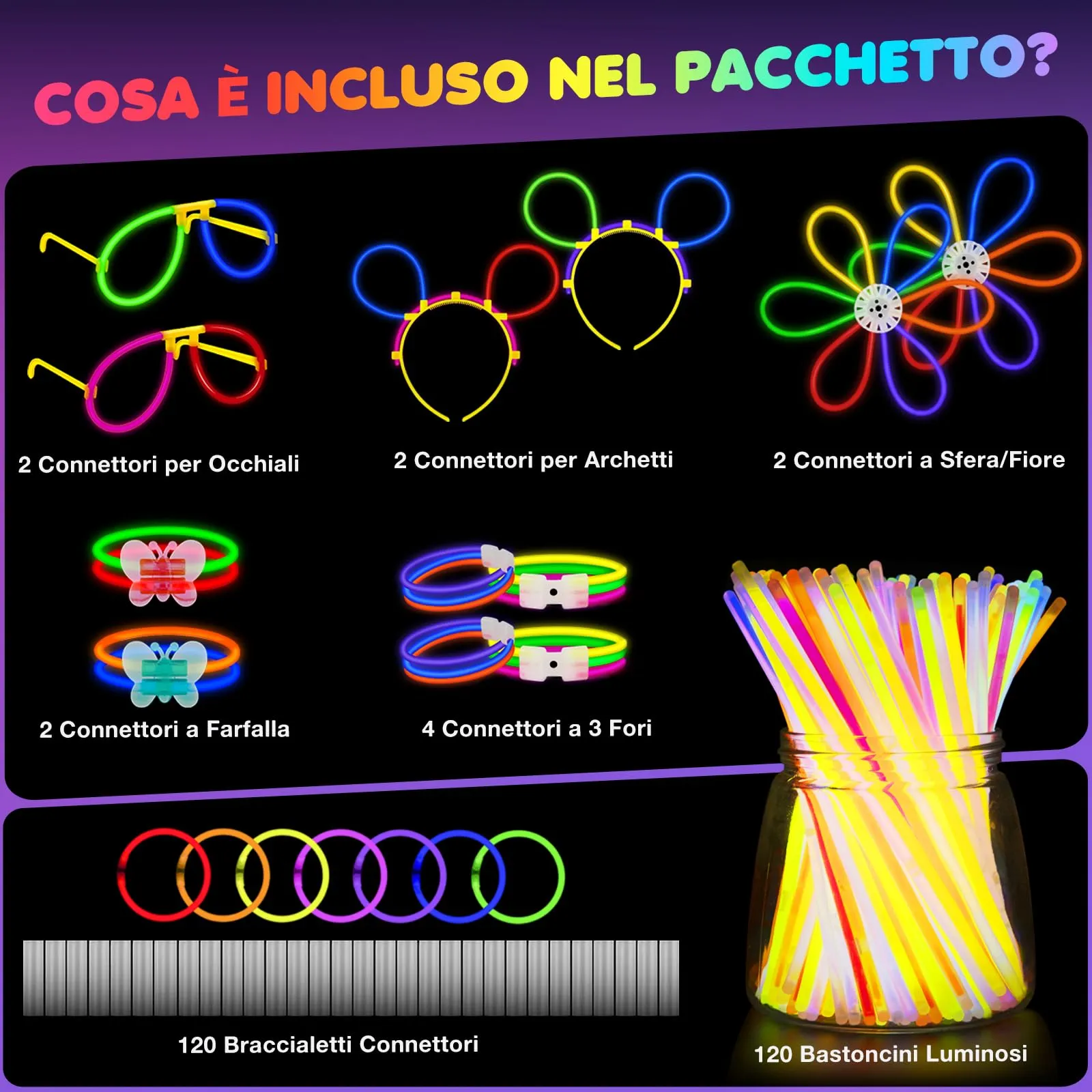 Ziitty Braccialetti Luminosi Fluorescenti Kit 252 Pezzi, 120 Glow Sticks e 132 Connettori per Bracciali e Occhiali - immagine 6