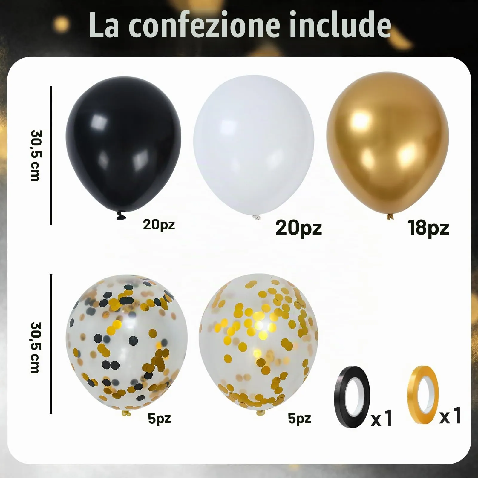 Netnology Set Palloncini Oro, Nero e Bianco, 68 Pezzi, 12 Pollici - immagine 2