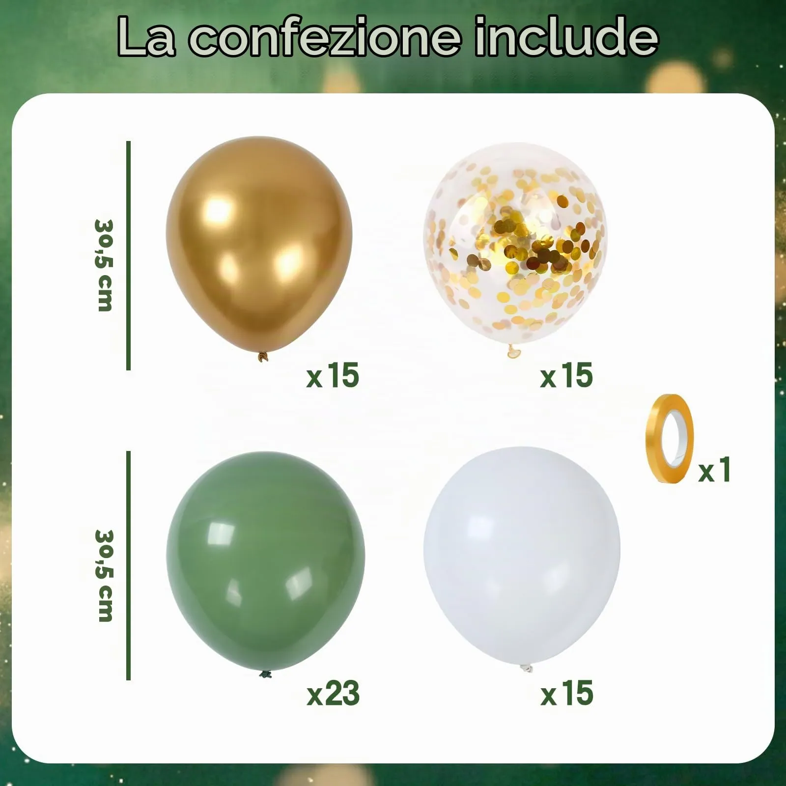 Netnology Palloncini Verde Salvia, Bianchi e Oro, 68 Pezzi, 12 Pollici - immagine 2