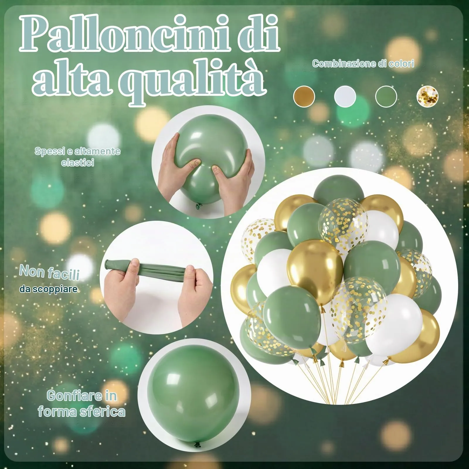Netnology Palloncini Verde Salvia, Bianchi e Oro, 68 Pezzi, 12 Pollici - immagine 3