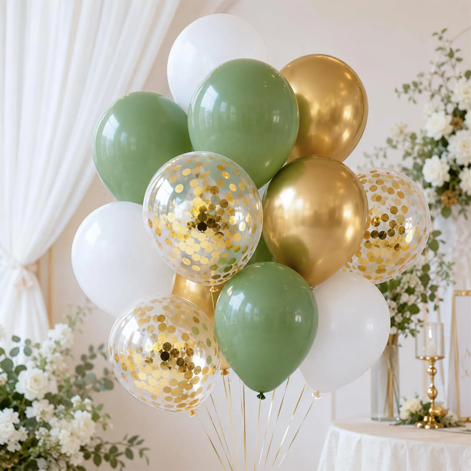 Netnology Palloncini Verde Salvia, Bianchi e Oro, 68 Pezzi, 12 Pollici - immagine 5