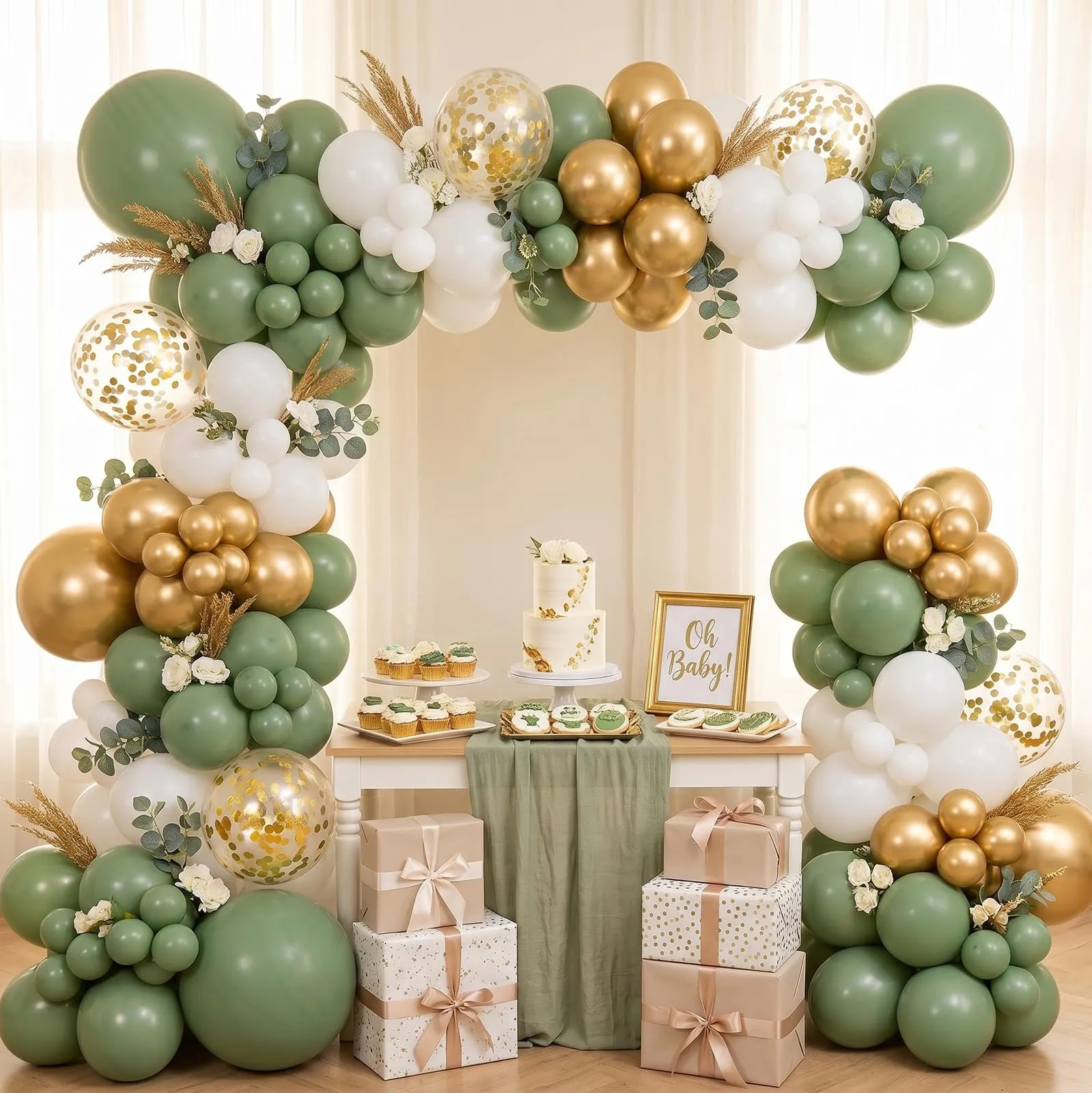 Netnology Palloncini Verde Salvia, Bianchi e Oro, 68 Pezzi, 12 Pollici - immagine 7