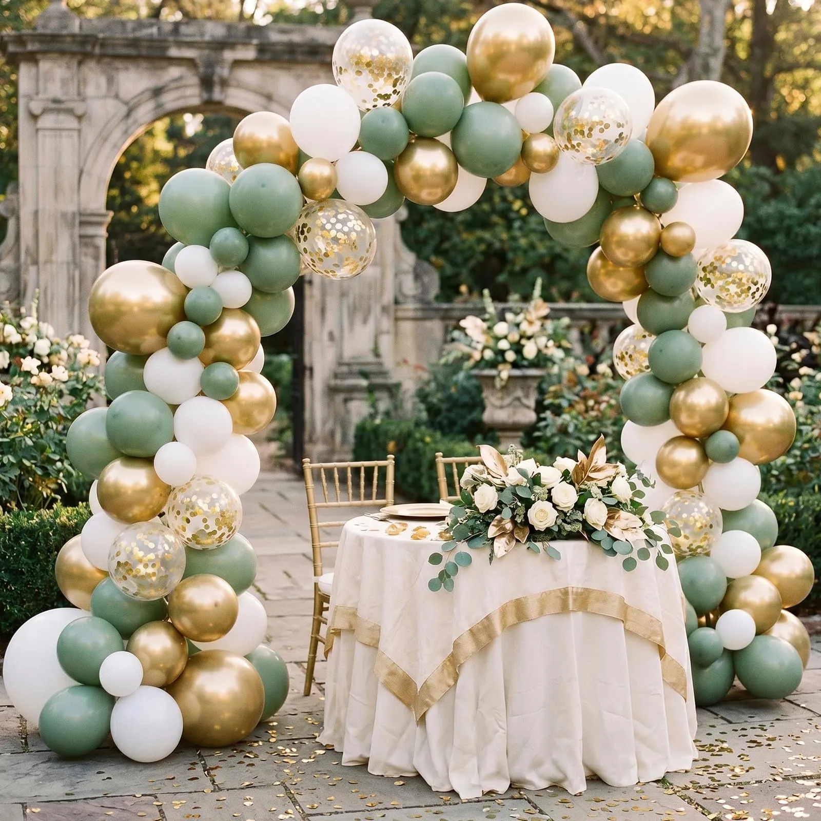 Netnology Palloncini Verde Salvia, Bianchi e Oro, 68 Pezzi, 12 Pollici - immagine 8