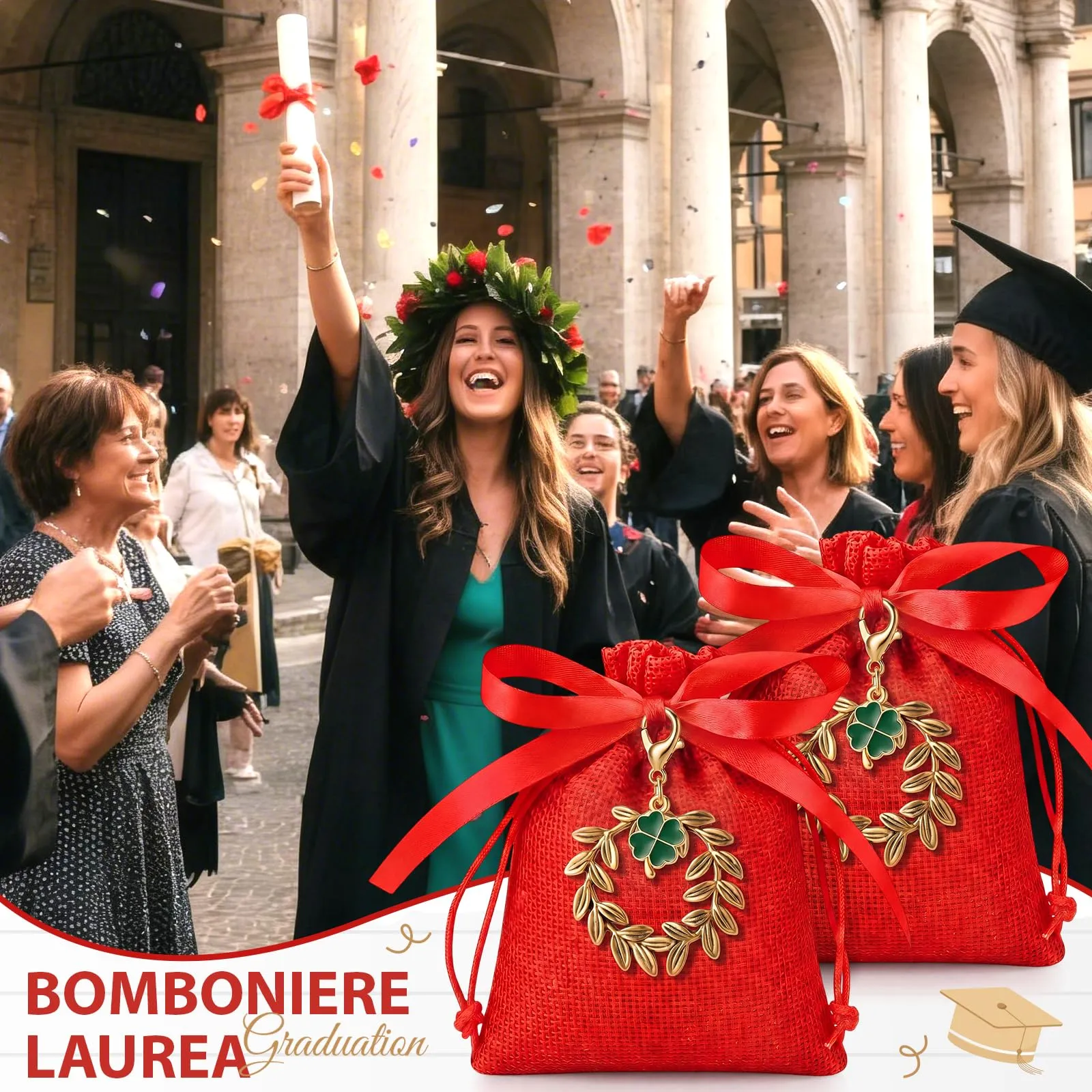 BBTO Set 36 Bomboniere Laurea con Sacchetti Portaconfetti, Ciondoli Corona d'Alloro e Quadrifoglio, Biglietti e Nastro Rosso - immagine 5
