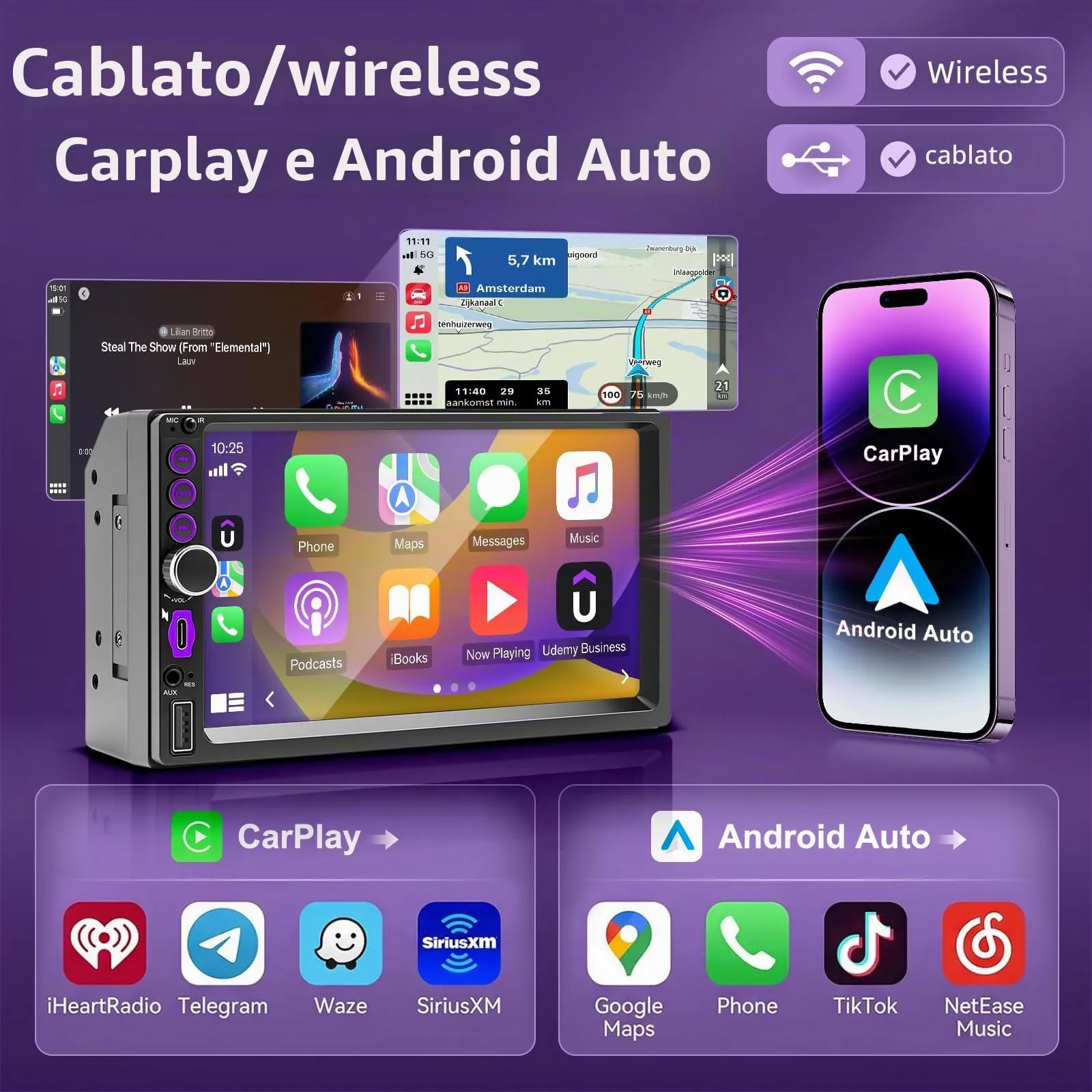 KMUTZY Autoradio 2 DIN CarPlay Wireless e Android Auto, Schermo Touchscreen 7" HD, Bluetooth, Telecamera Posteriore, Mirror Link, GPS - immagine 2