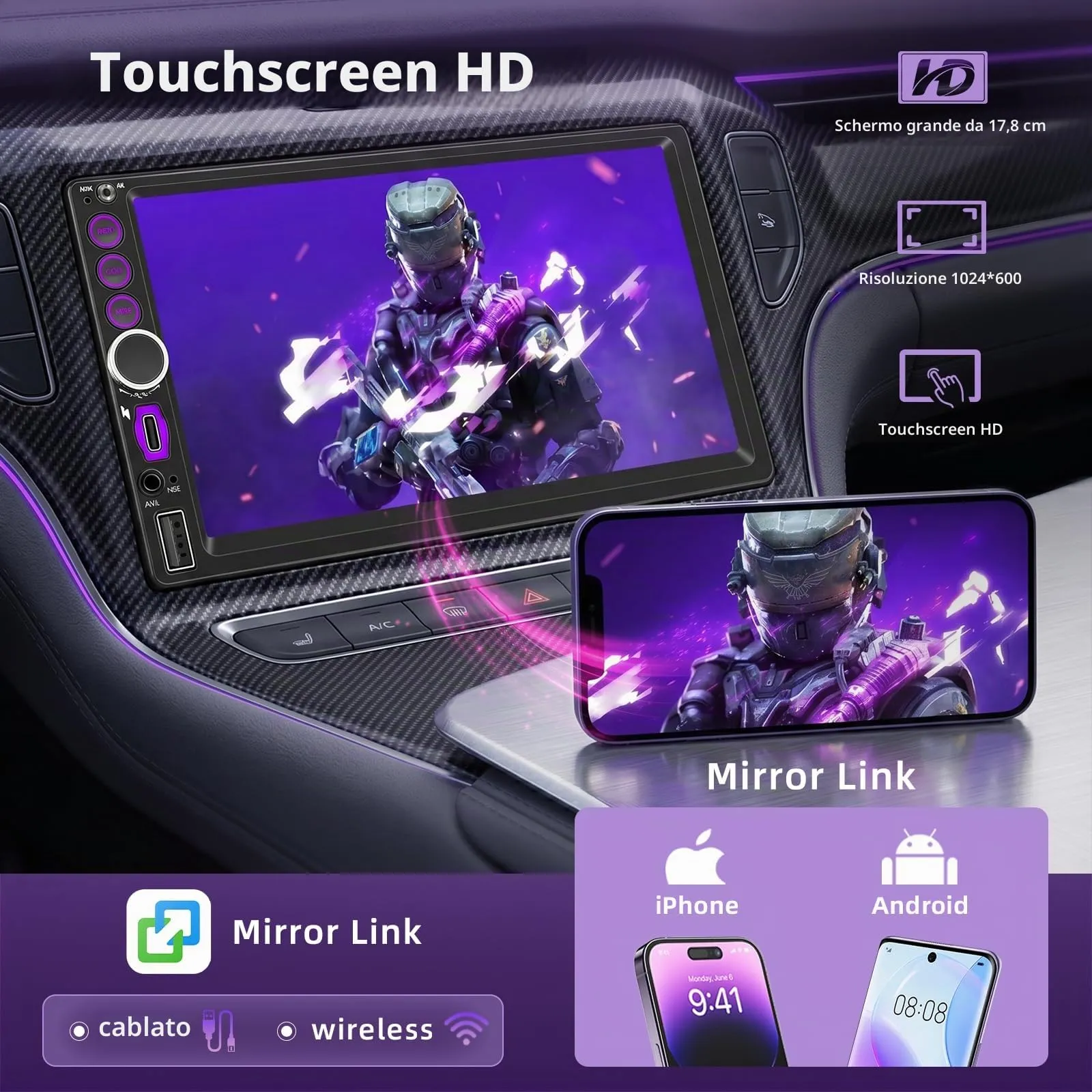 KMUTZY Autoradio 2 DIN CarPlay Wireless e Android Auto, Schermo Touchscreen 7" HD, Bluetooth, Telecamera Posteriore, Mirror Link, GPS - immagine 3