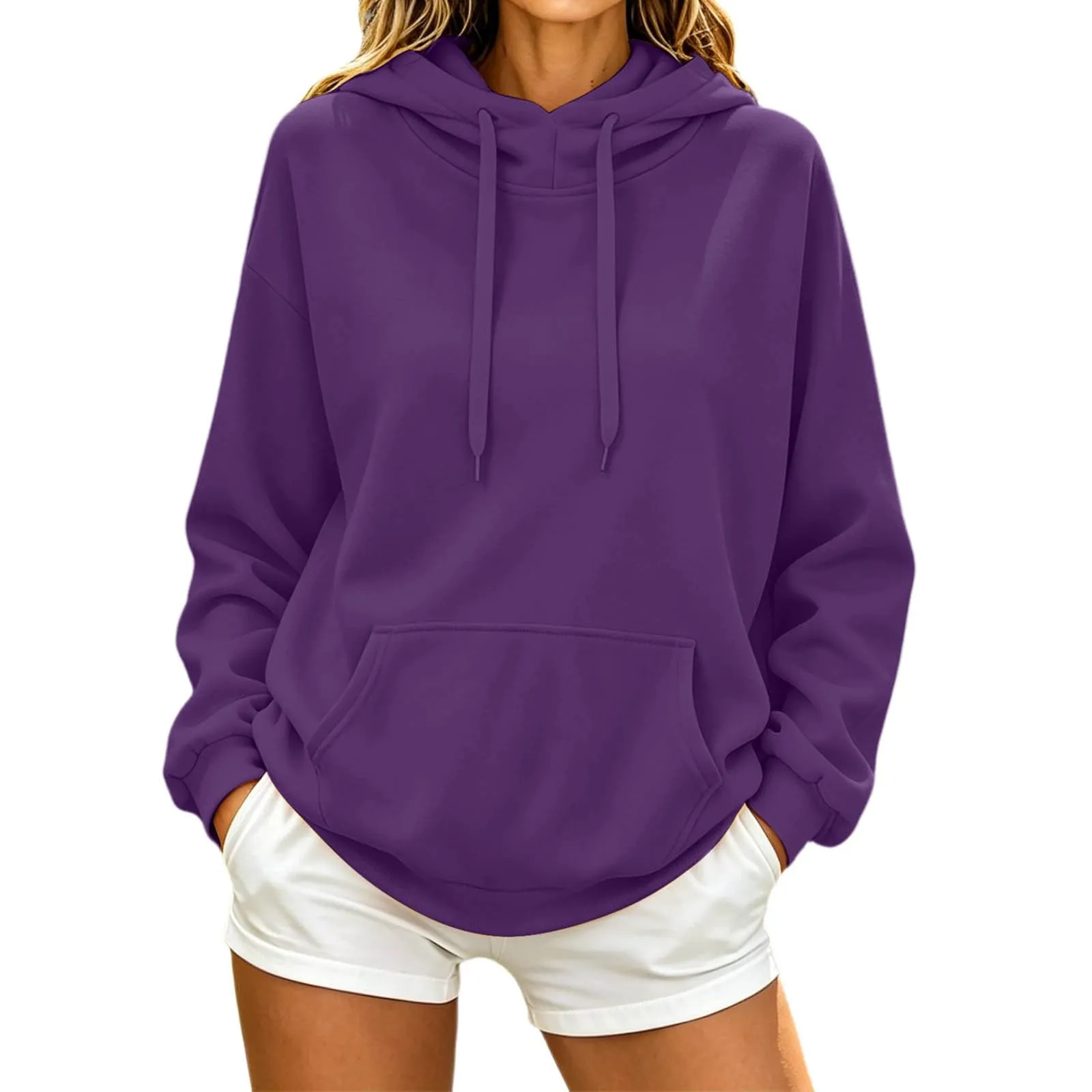 Generico Felpa Donna con Cappuccio in Fleece, Hoodie Pullover con Tasca e Coulisse, Tinta Unita, Viola, 3XL - immagine 1