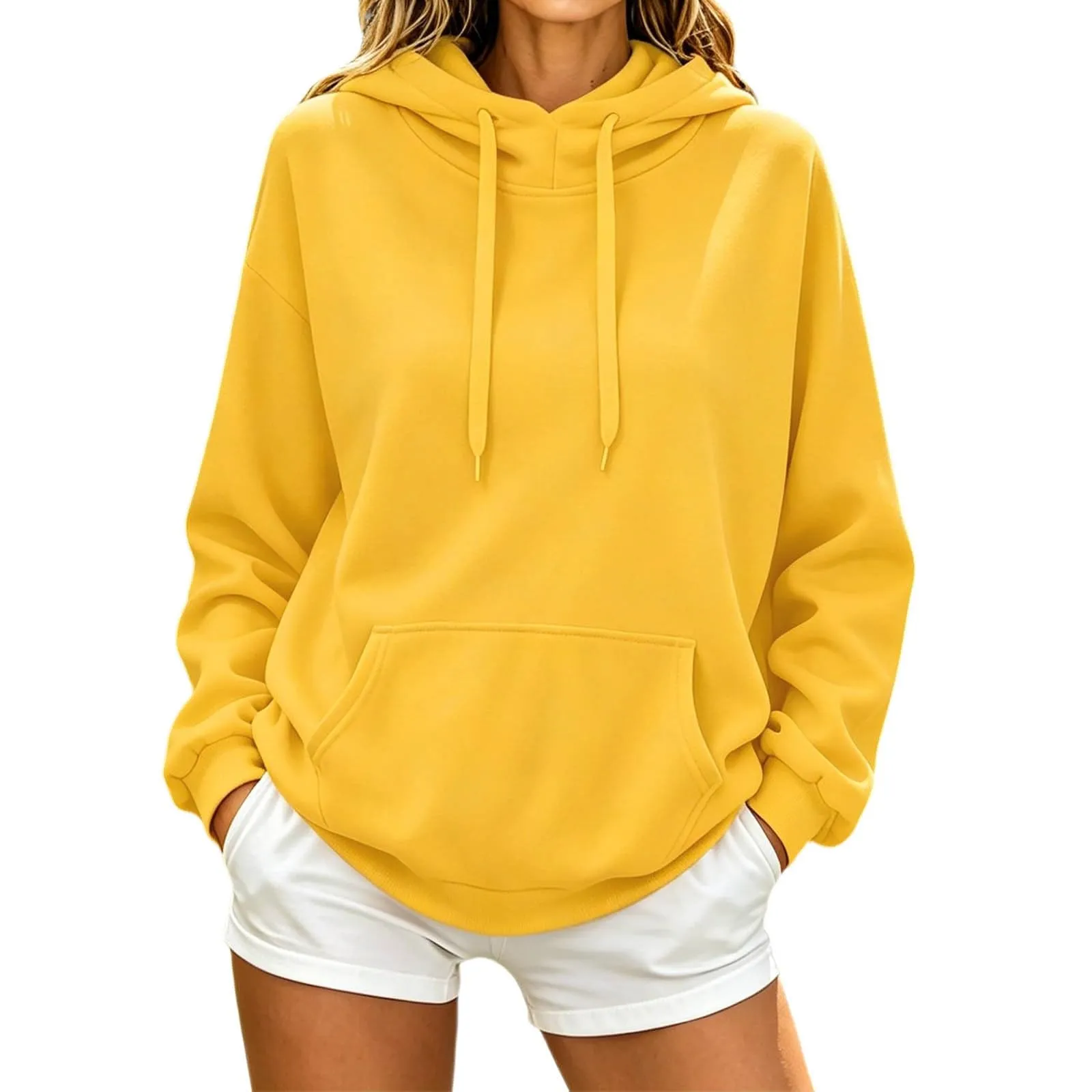 Generico Felpa Donna con Cappuccio in Fleece, Hoodie Pullover con Tasca e Coulisse, Giallo, 3XL - immagine 2