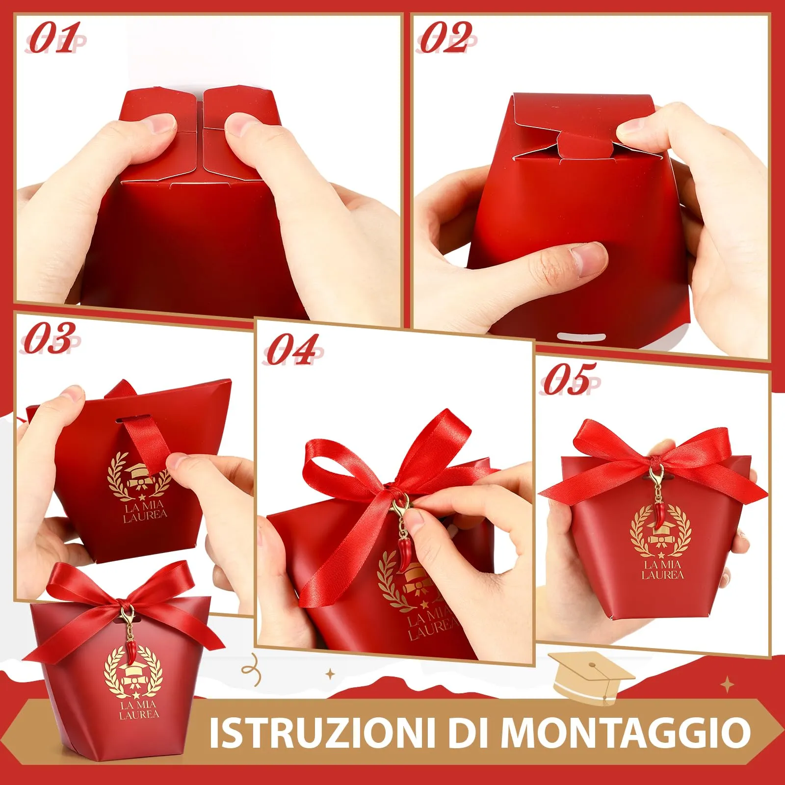 BBTO Set 30 Scatoline Portaconfetti Laurea con Portachiavi e Nastro Rosso - immagine 3