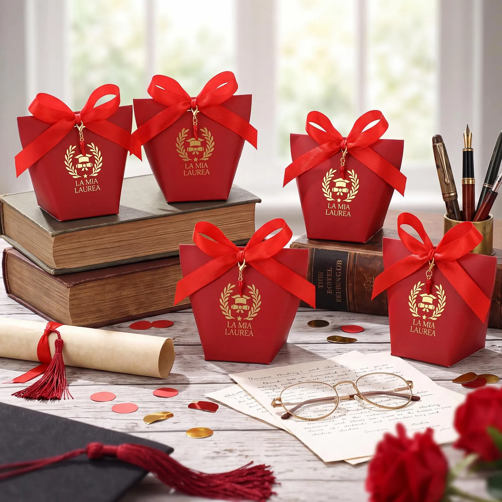 BBTO Set 30 Scatoline Portaconfetti Laurea con Portachiavi e Nastro Rosso - immagine 4