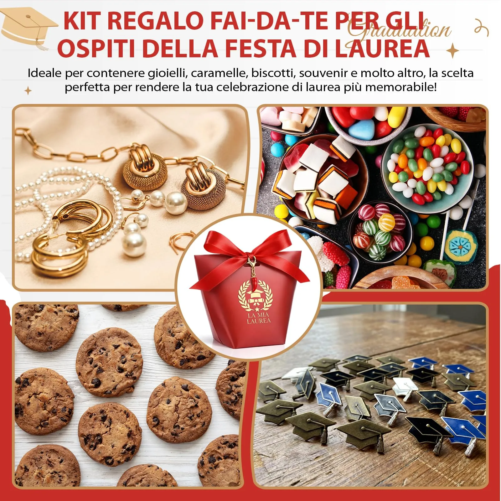 BBTO Set 30 Scatoline Portaconfetti Laurea con Portachiavi e Nastro Rosso - immagine 6