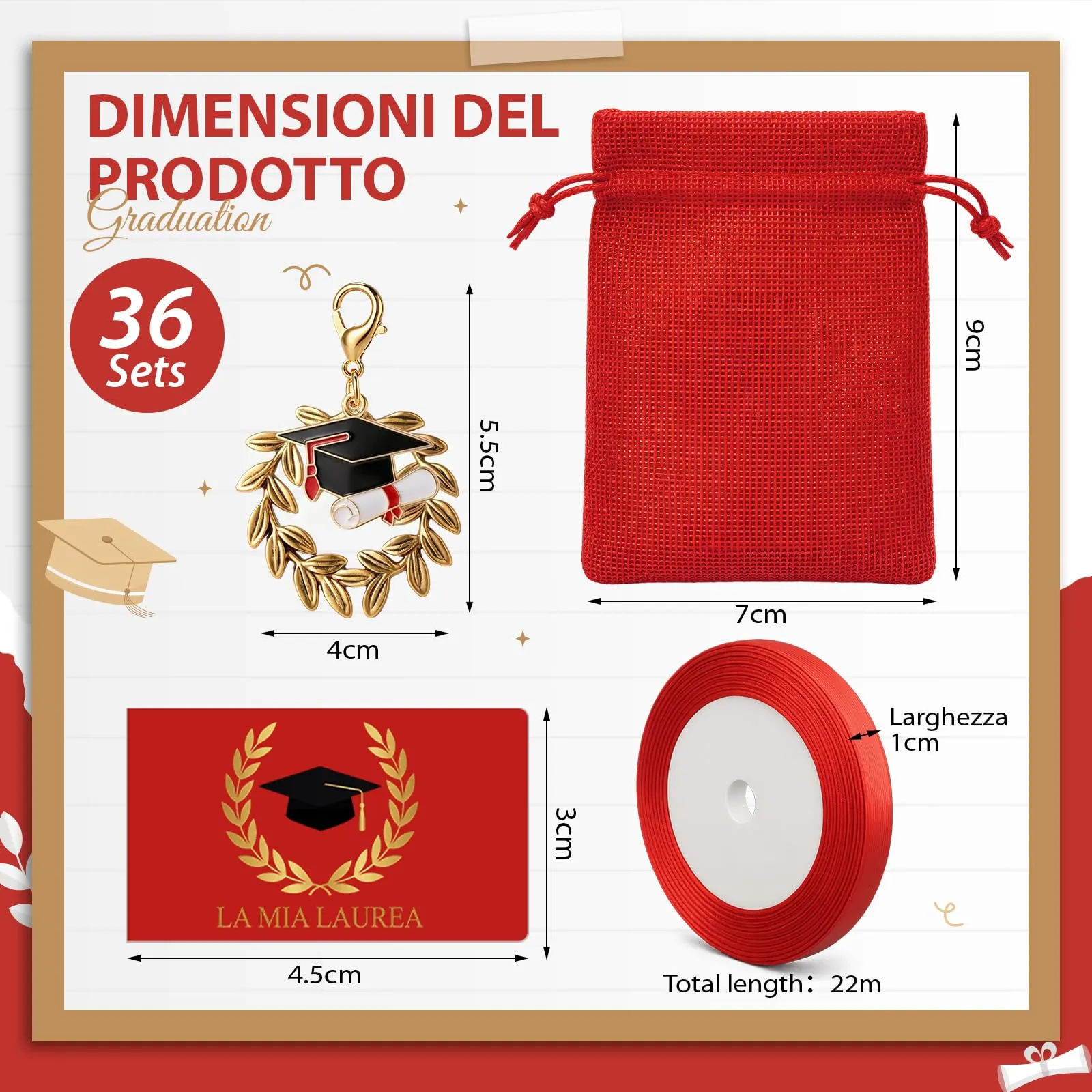 BBTO Set 36 Bomboniere Laurea con Sacchetti Confetti, Portachiavi Corona d'Alloro e Cappello da Laureato - immagine 3
