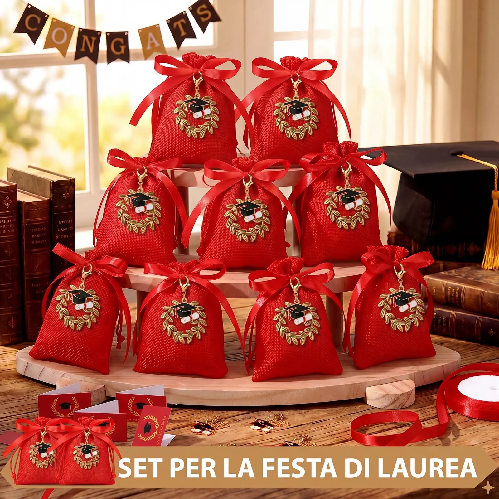 BBTO Set 36 Bomboniere Laurea con Sacchetti Confetti, Portachiavi Corona d'Alloro e Cappello da Laureato - immagine 4