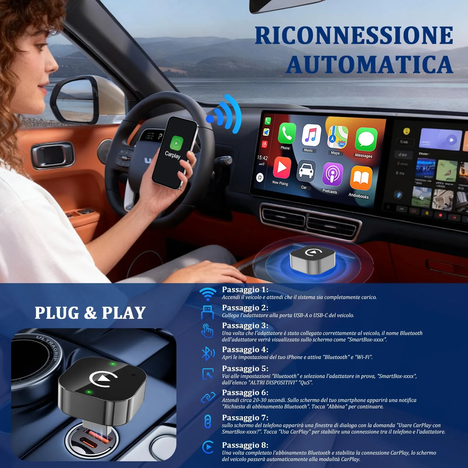 BSTOEM Adattatore Wireless 2-in-1 per Apple CarPlay e Android Auto, USB Type-C, Argento - immagine 7
