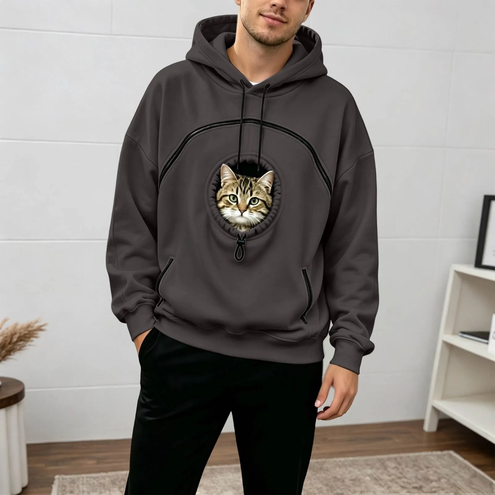 Generico Felpa con Cappuccio Donna Oversize con Tasca per Gatto e Cane, Manica Lunga, Grigio - immagine 3