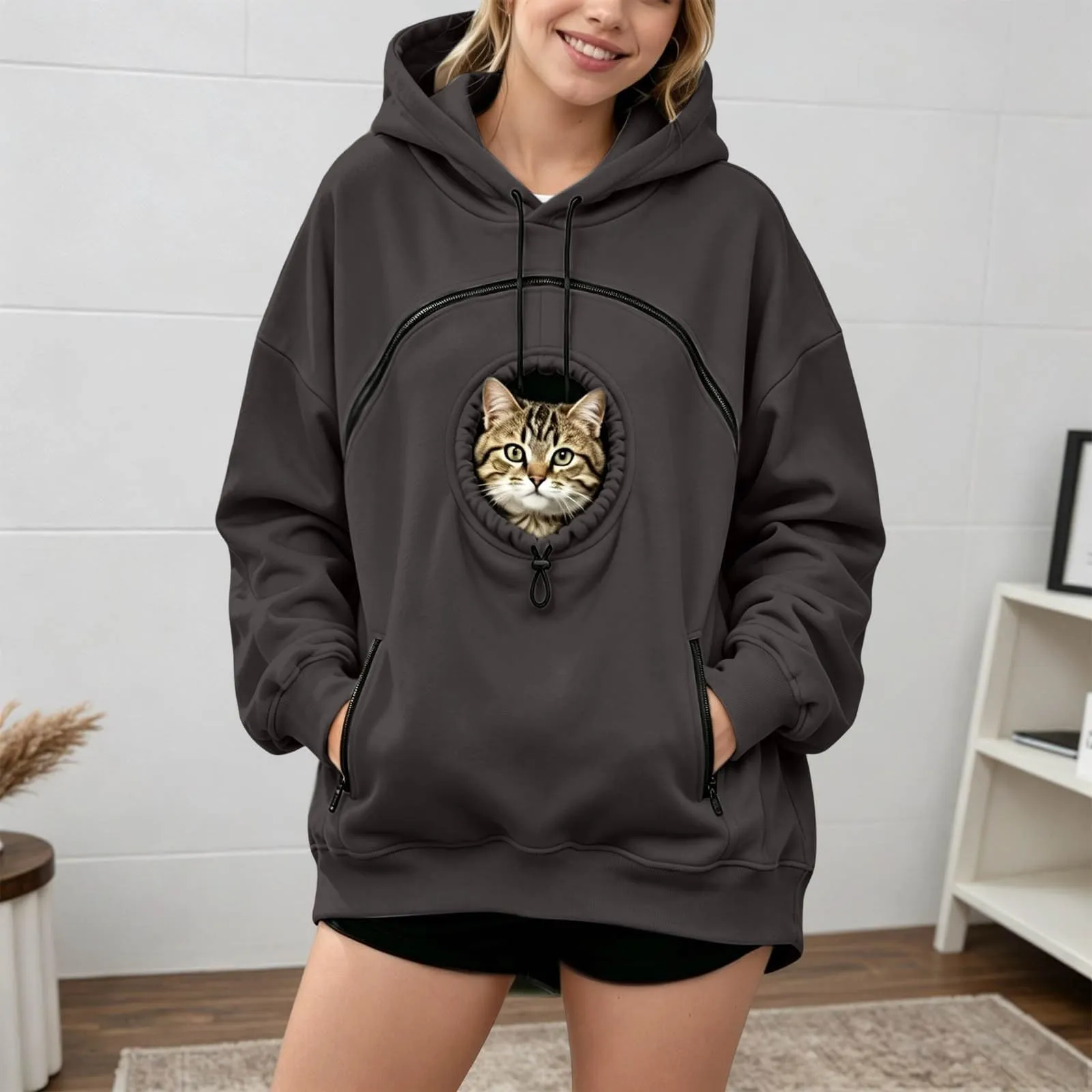 Generico Felpa con Cappuccio Donna Oversize con Tasca per Gatto e Cane, Manica Lunga, Grigio - immagine 5