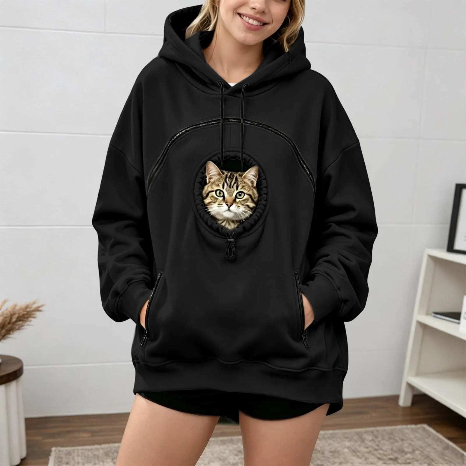 Generico Felpa con Cappuccio Donna Oversize con Tasca per Animali Domestici - immagine 3