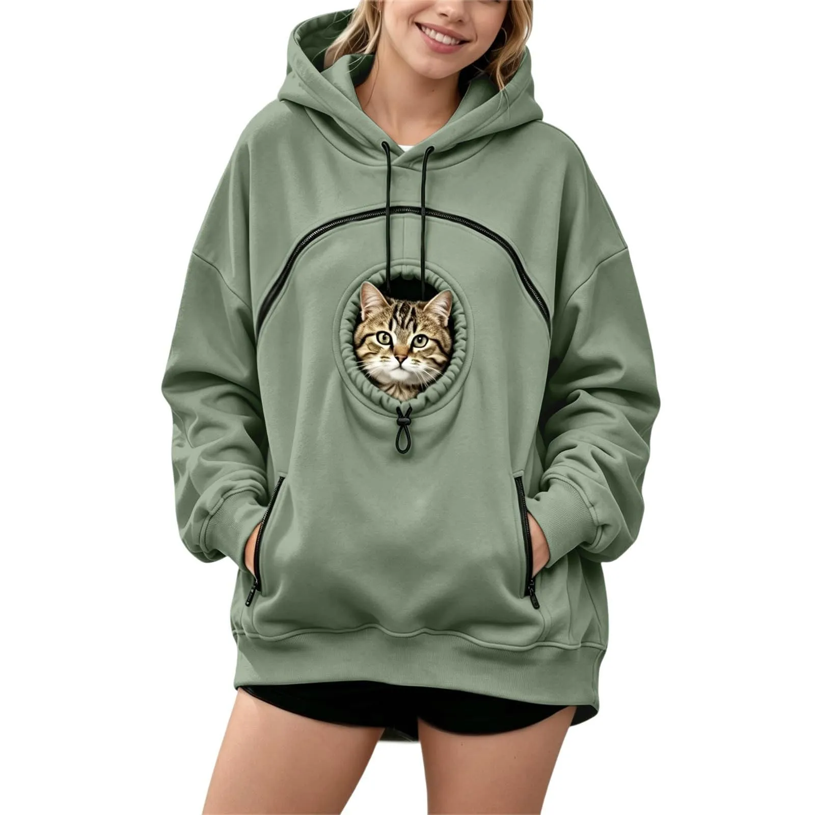 Generico Felpa con Cappuccio Donna Oversize con Tasca per Animali Domestici, Manica Lunga, Sportiva Casual - immagine 2