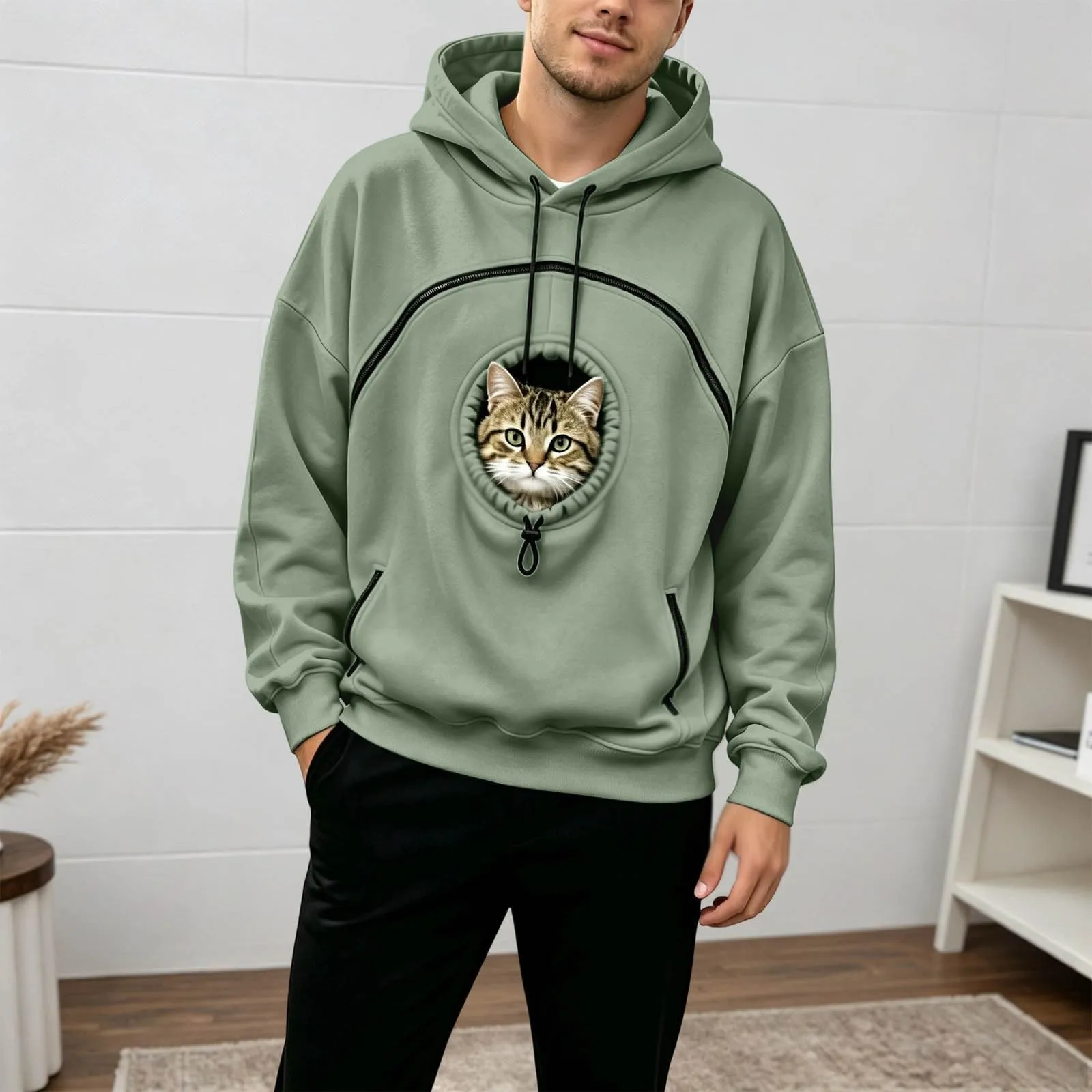 Generico Felpa con Cappuccio Donna Oversize con Tasca per Gatti e Cani, Manica Lunga, Casual Autunno Inverno - immagine 3