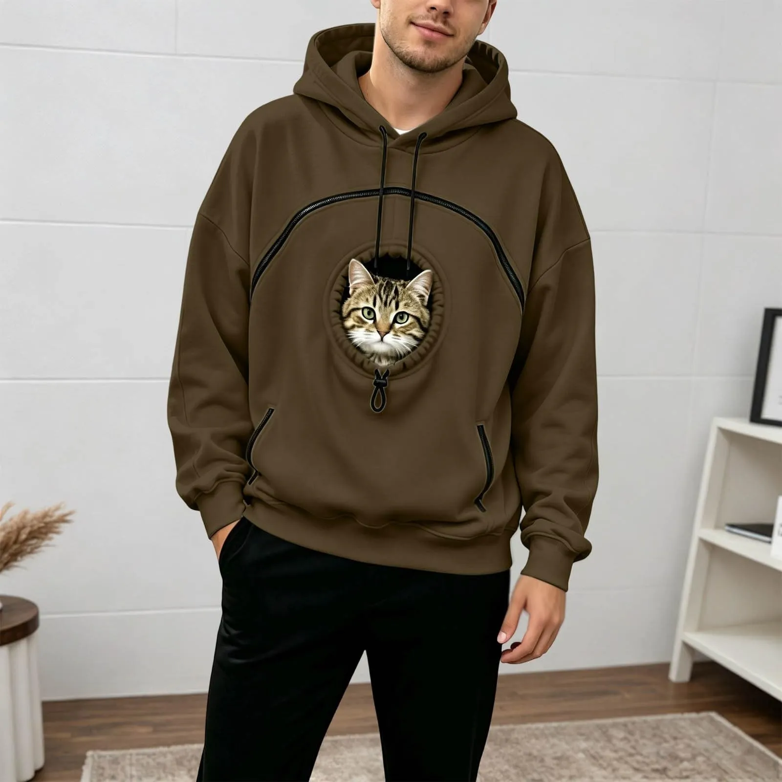 Generico Felpa con Cappuccio Donna Oversize con Tasca per Gatti e Cani, Manica Lunga, Casual Autunno Inverno - immagine 3