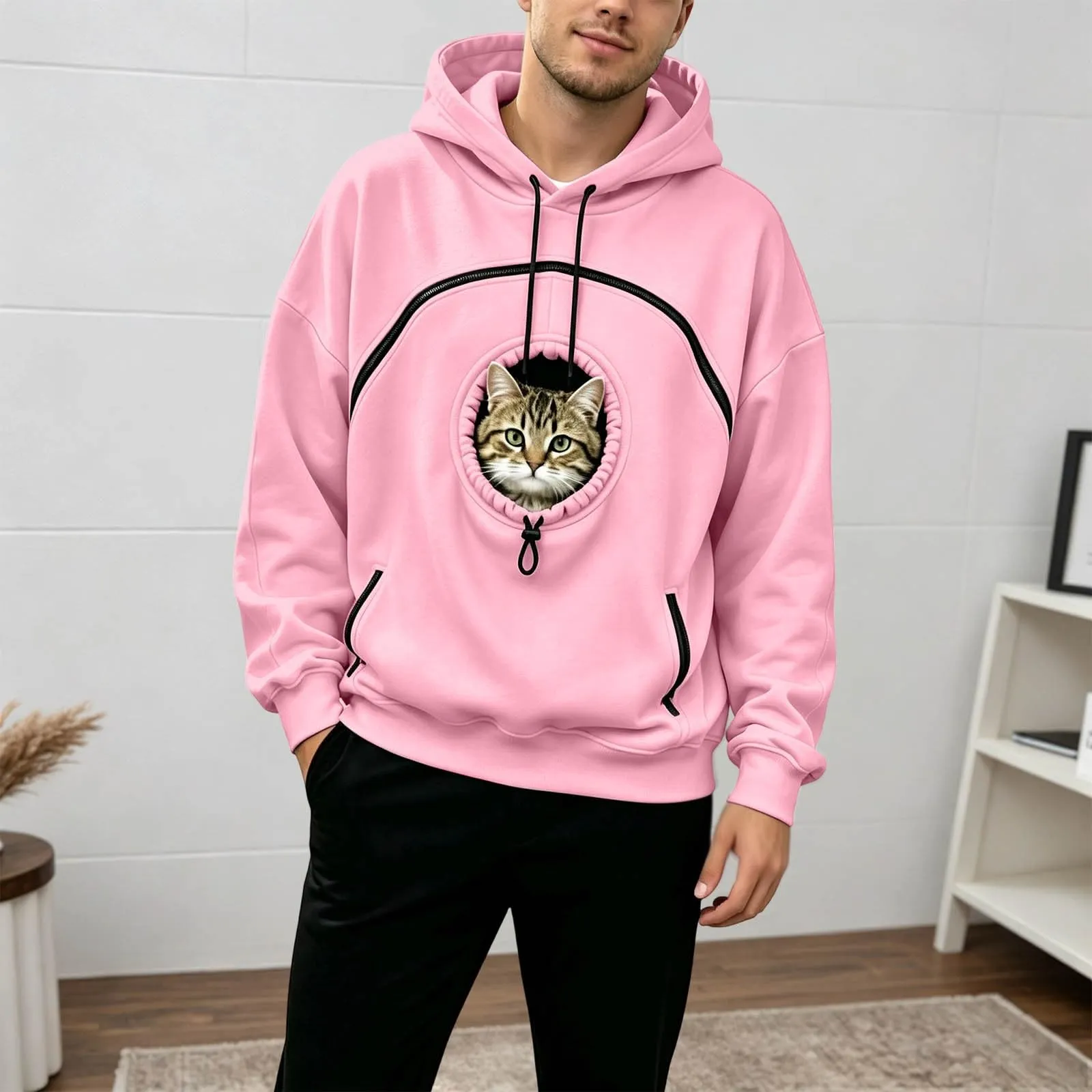Generico Felpa con Cappuccio Donna Oversize con Tasca per Animali Domestici, Manica Lunga, Rosa - immagine 3