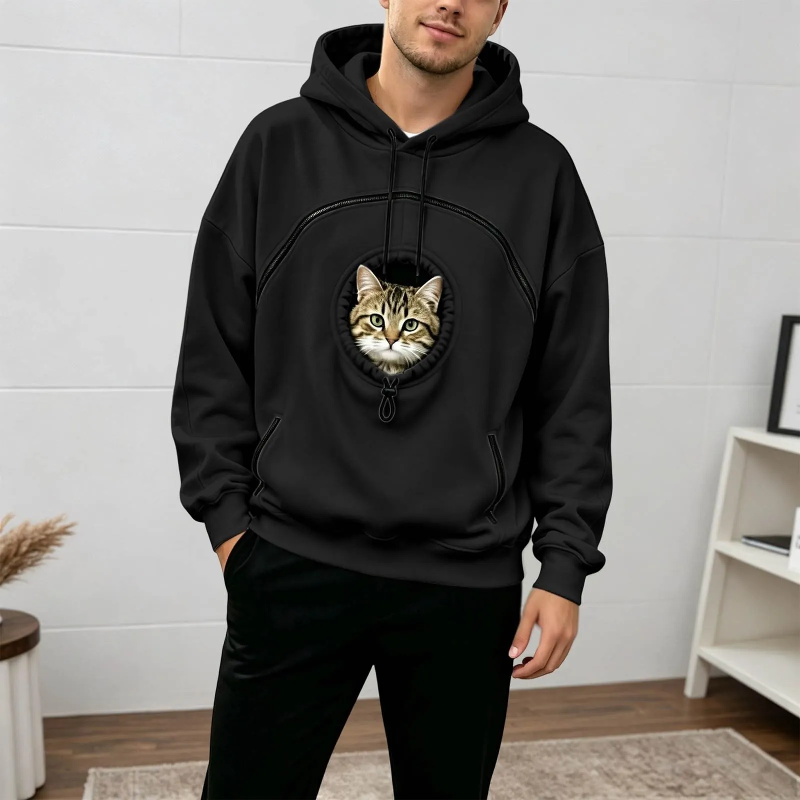 Generico Felpa con Cappuccio Donna Oversize con Tasca Porta Animali e Tasche Laterali, Autunno Inverno - immagine 5
