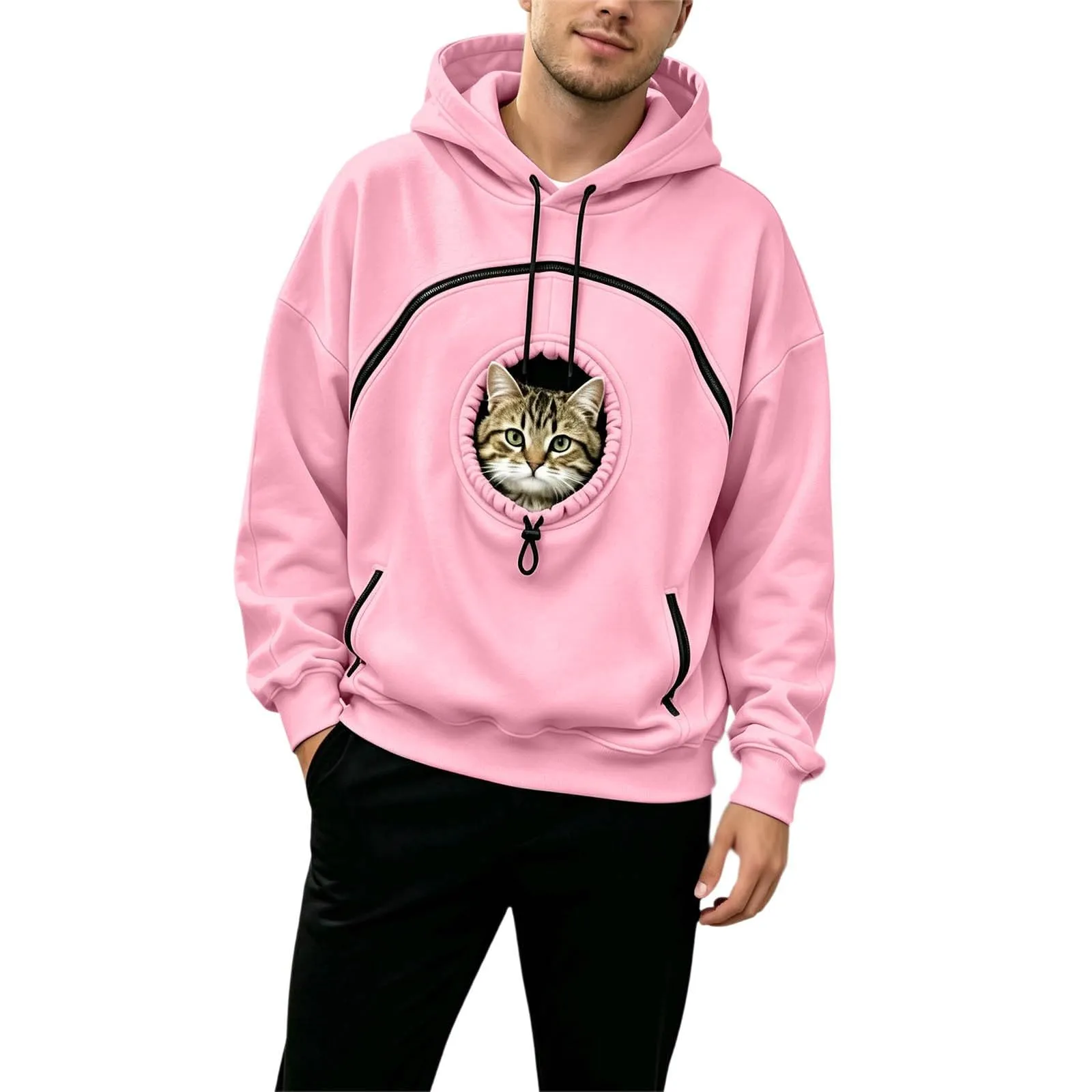 Generico Felpa con Cappuccio Donna Oversize con Tasca Porta Animali, Manica Lunga, Casual Autunno Inverno - immagine 4