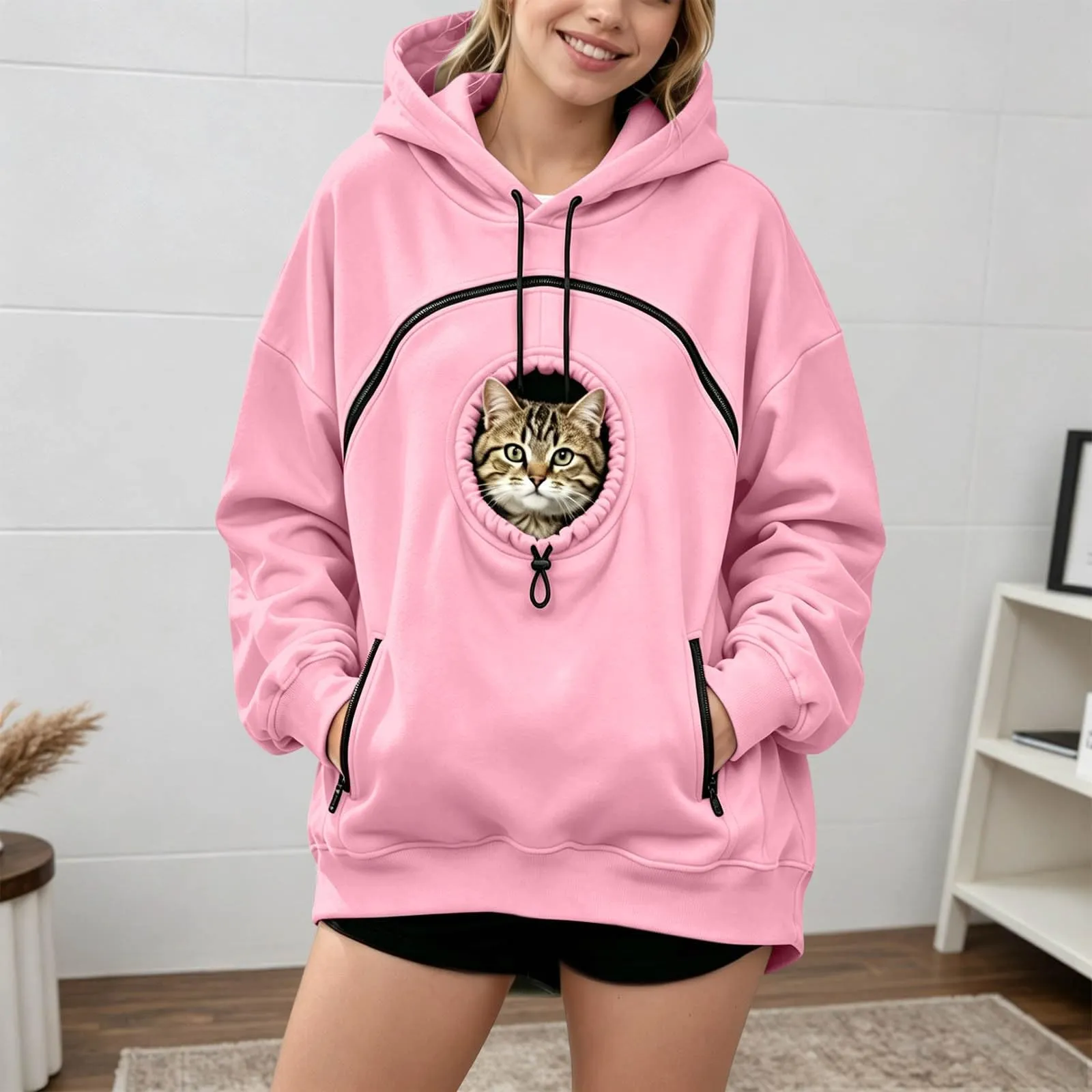 Generico Felpa con Cappuccio Donna Oversize con Tasca Porta Animali, Manica Lunga, Casual Autunno Inverno - immagine 5