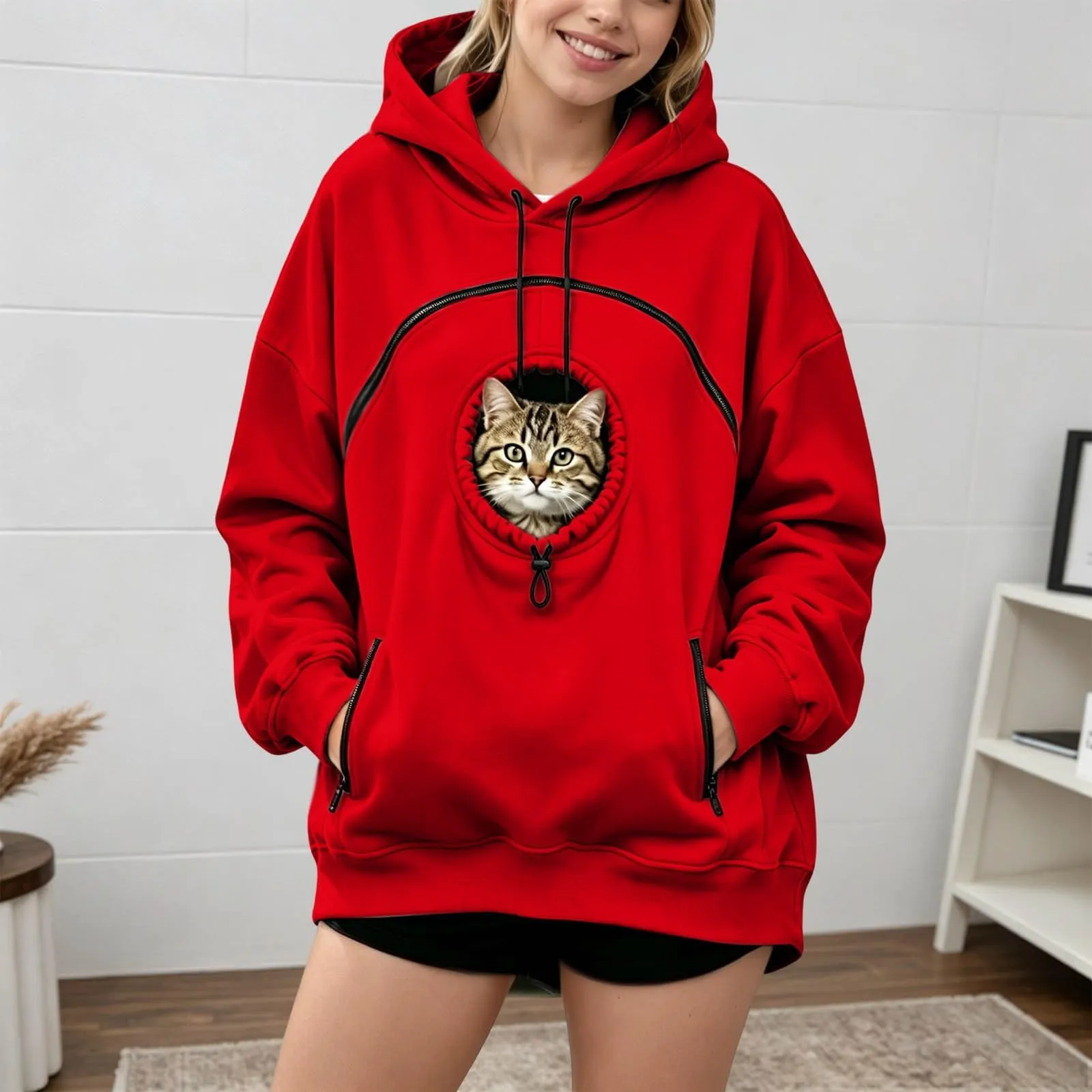 Generico Felpa con Cappuccio Donna Oversize Porta Gatto e Cane con Tasche - immagine 5