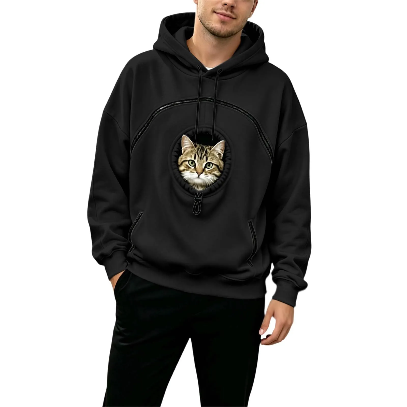 Generico Felpa con Cappuccio Donna Oversize con Tasca per Gatto e Cane, Manica Lunga, Casual Autunno Inverno - immagine 4