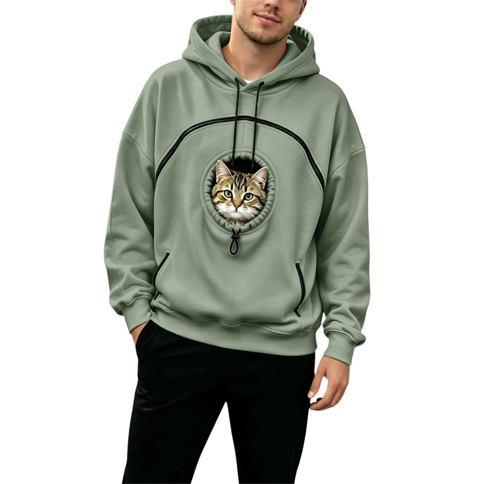 Generico Felpa con Cappuccio Donna Oversize Porta Gatto e Cane, Manica Lunga, Mint Green, XXL - immagine 4