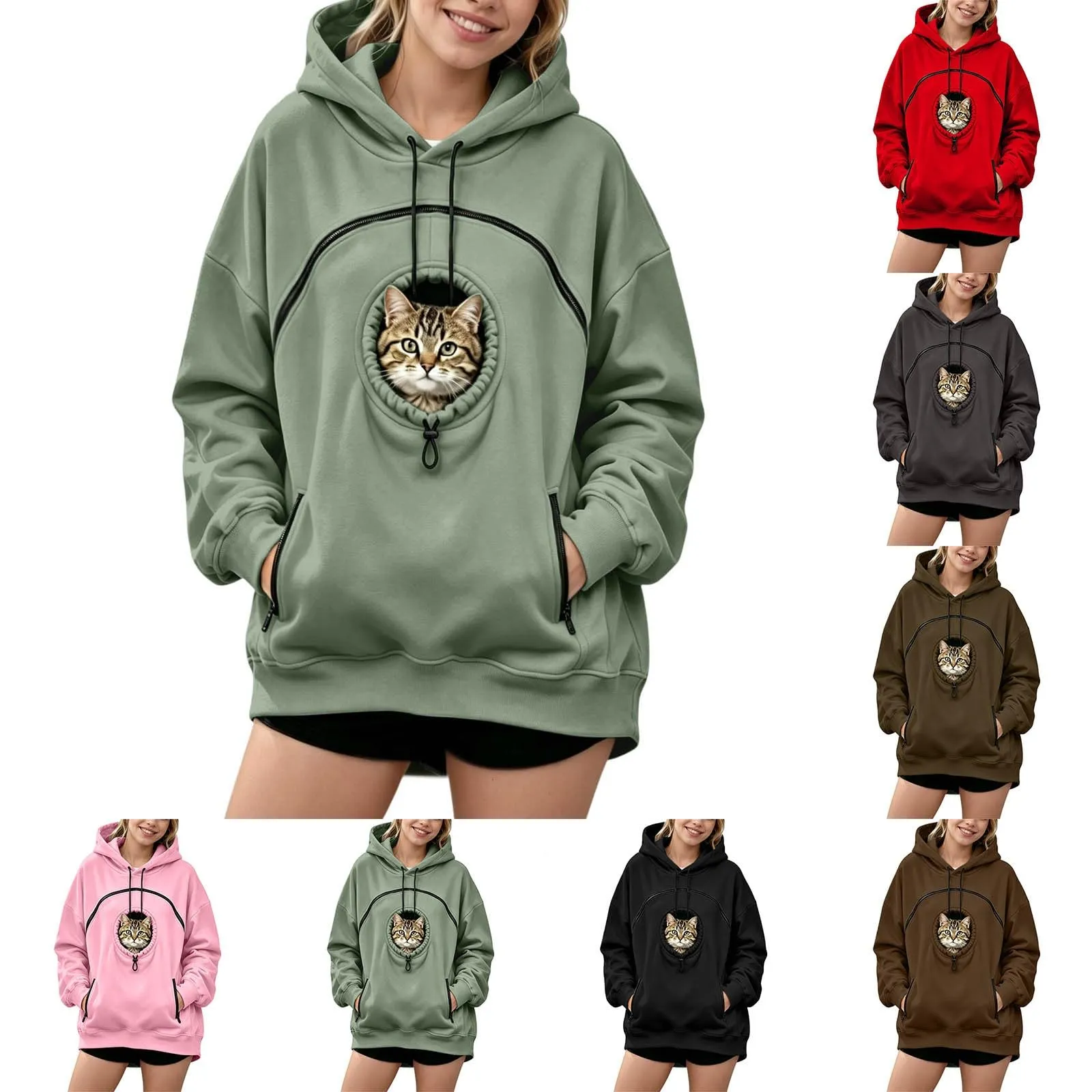 Generico Felpa con Cappuccio Donna Oversize Porta Gatto e Cane, Manica Lunga, Mint Green, XXL - immagine 5