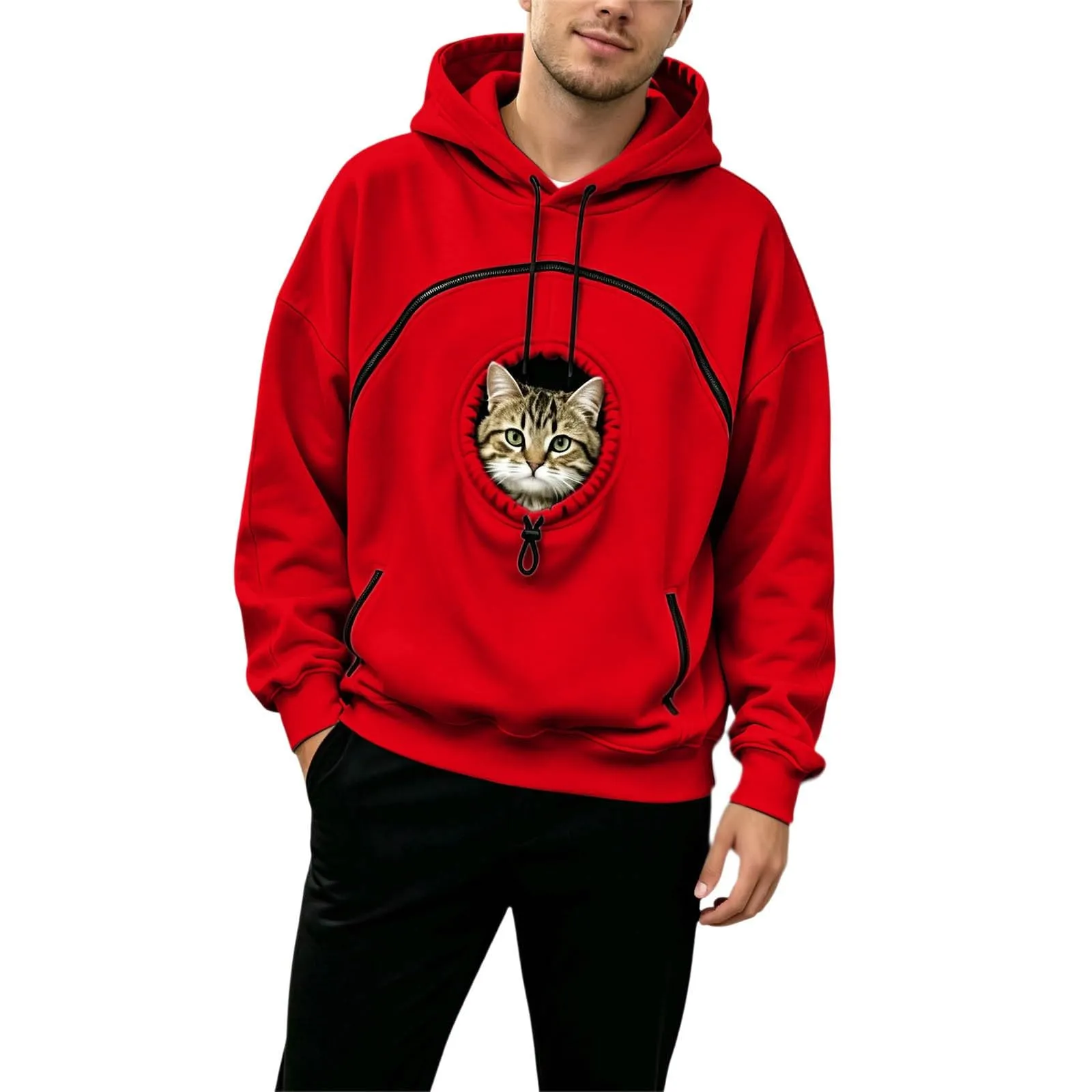 Generico Felpa con Cappuccio Donna Oversize con Tasca per Gatti e Cani, Manica Lunga, Rosso - immagine 4