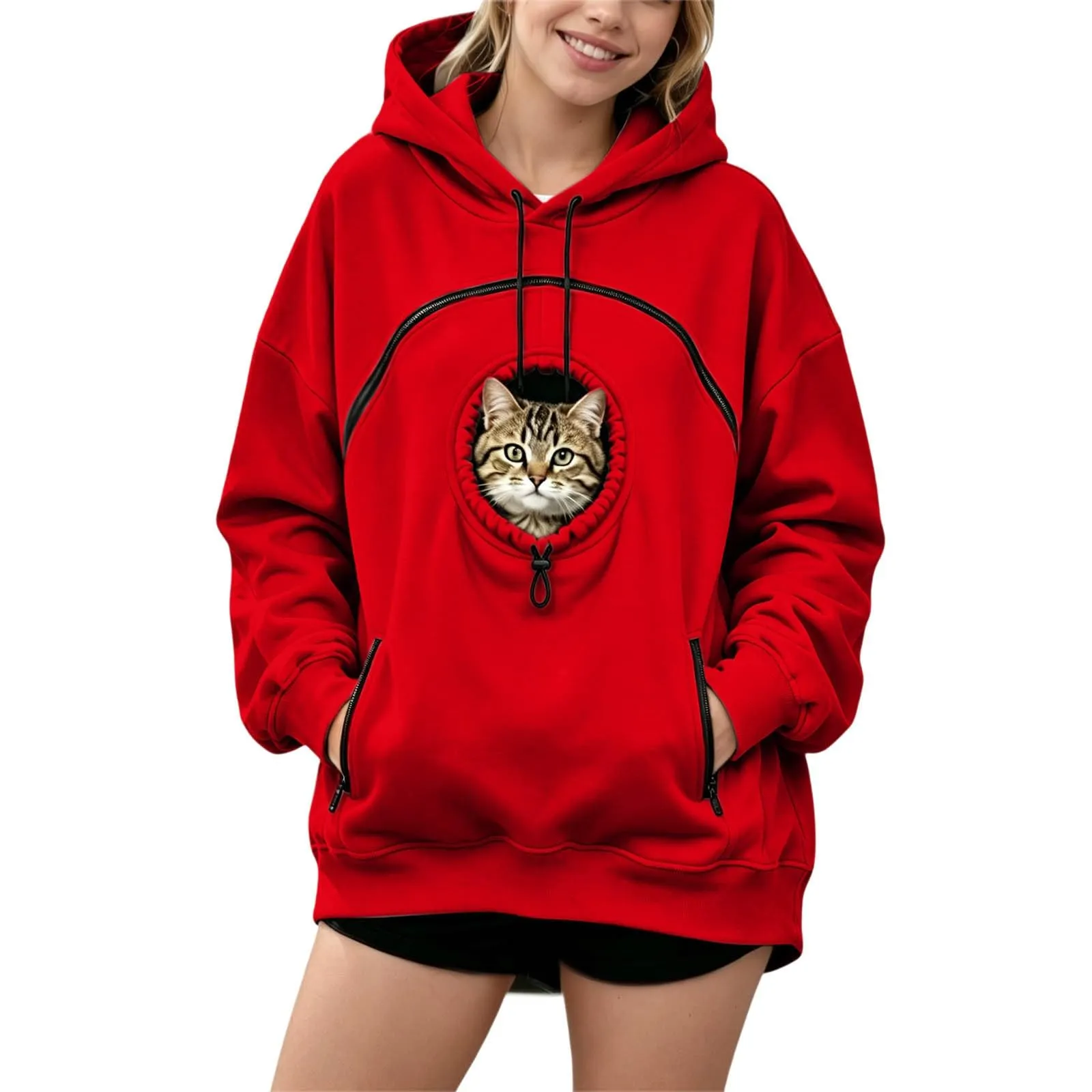 Generico Felpa con Cappuccio Donna Oversize Porta Gatto e Cane con Tasche, Rosso - immagine 2